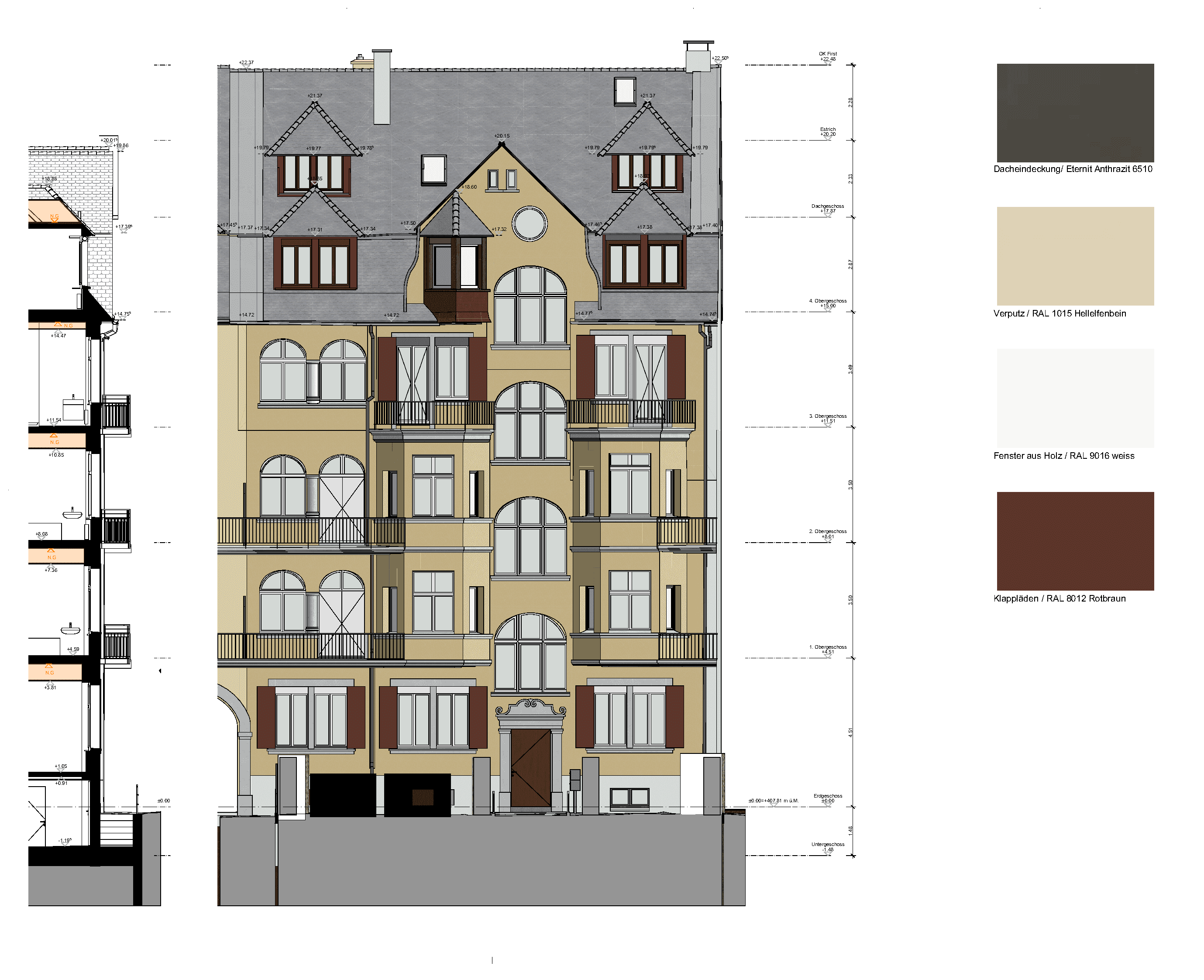 Architekturzeichnung einer historischen Wohnhausfassade: farbiger Fassadenaufbau mit Fenstern, Balkonen und Mansarddach, daneben Gebäudeschnitt und Farb-/Materiallegende für Sanierung oder Umbauplanung.