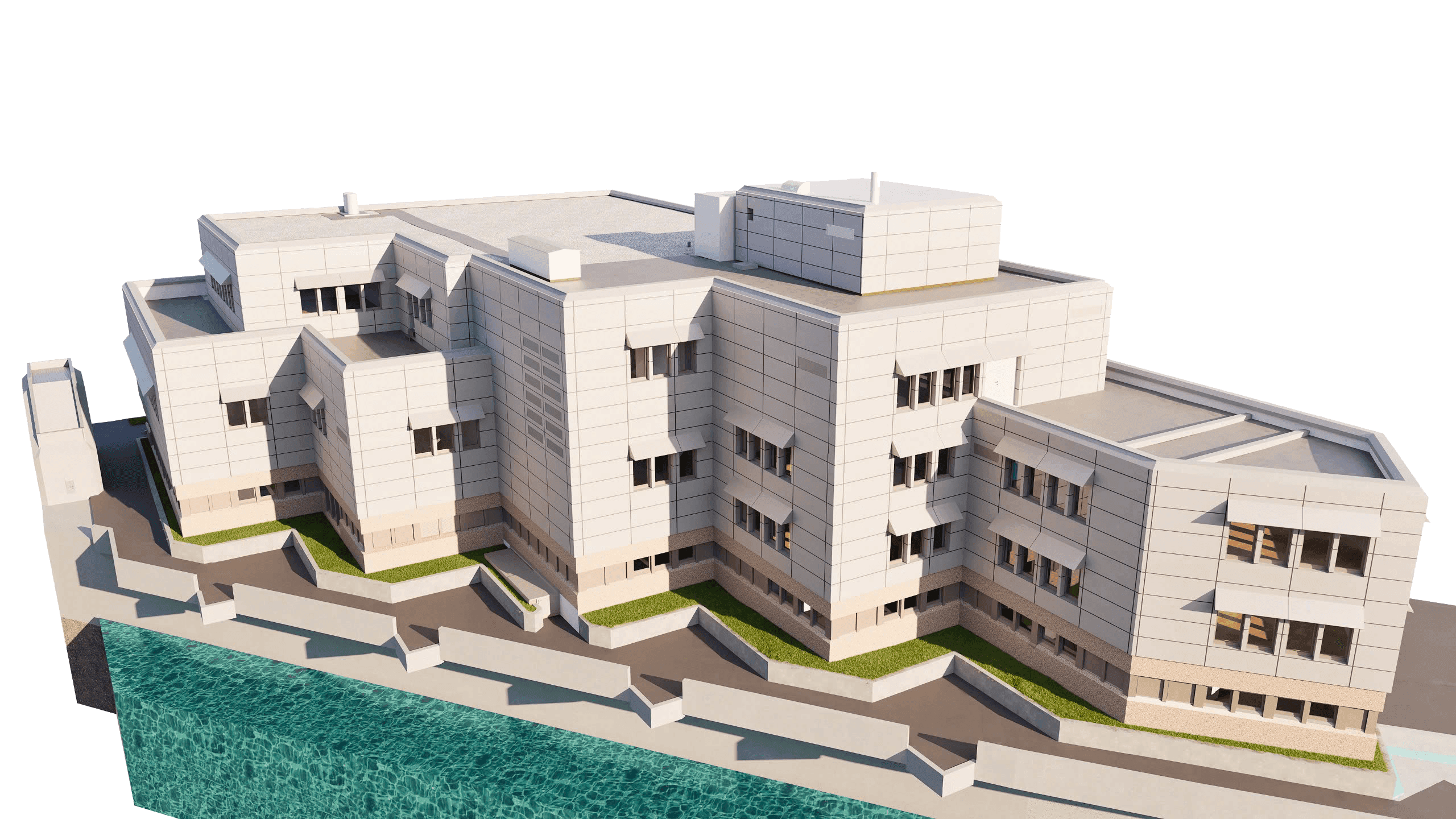 3D-Render eines modernen Mehrfamilienhauses mit weißer Fassade neben einem Gewässer.
