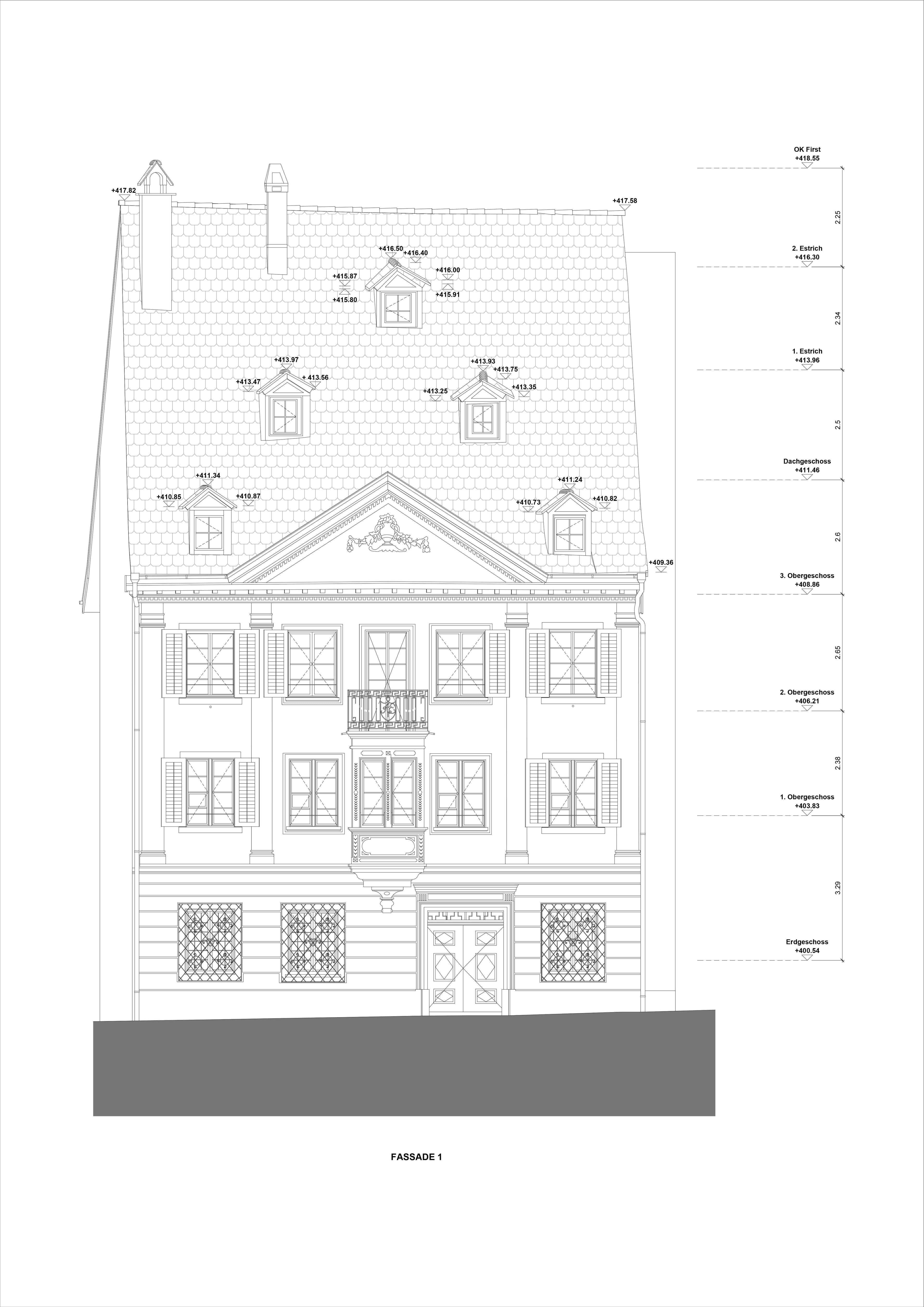 2D-Fassadenplan eines Bestandsgebäudes aus präziser Gebäudevermessung als Grundlage für Sanierungs- und Umbauplanung durch VDE
