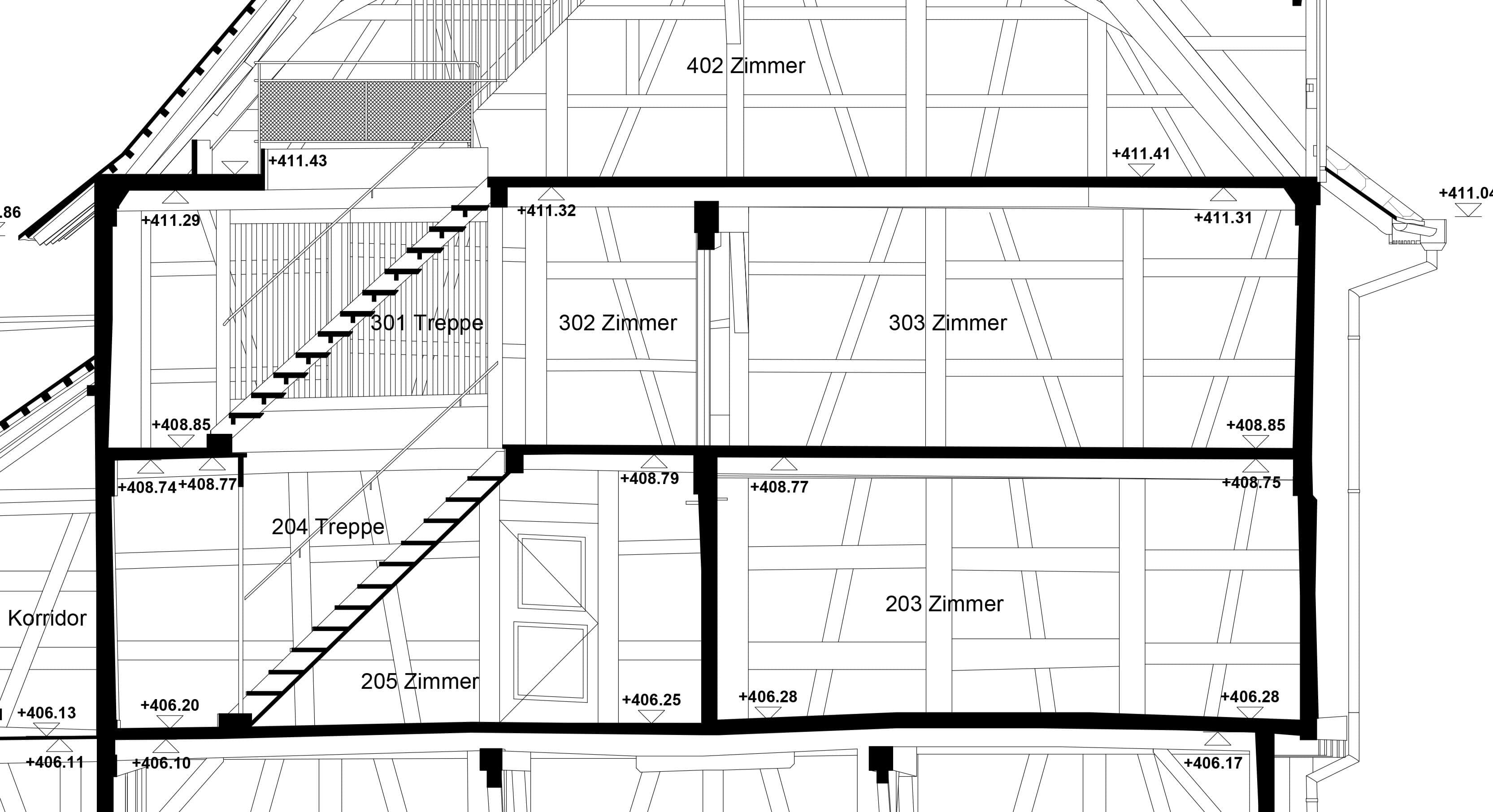 2D-Gebäudeschnitt eines Bestandsgebäudes, abgeleitet aus 3D-Laserscanning für Planung im Bestand durch VDE
