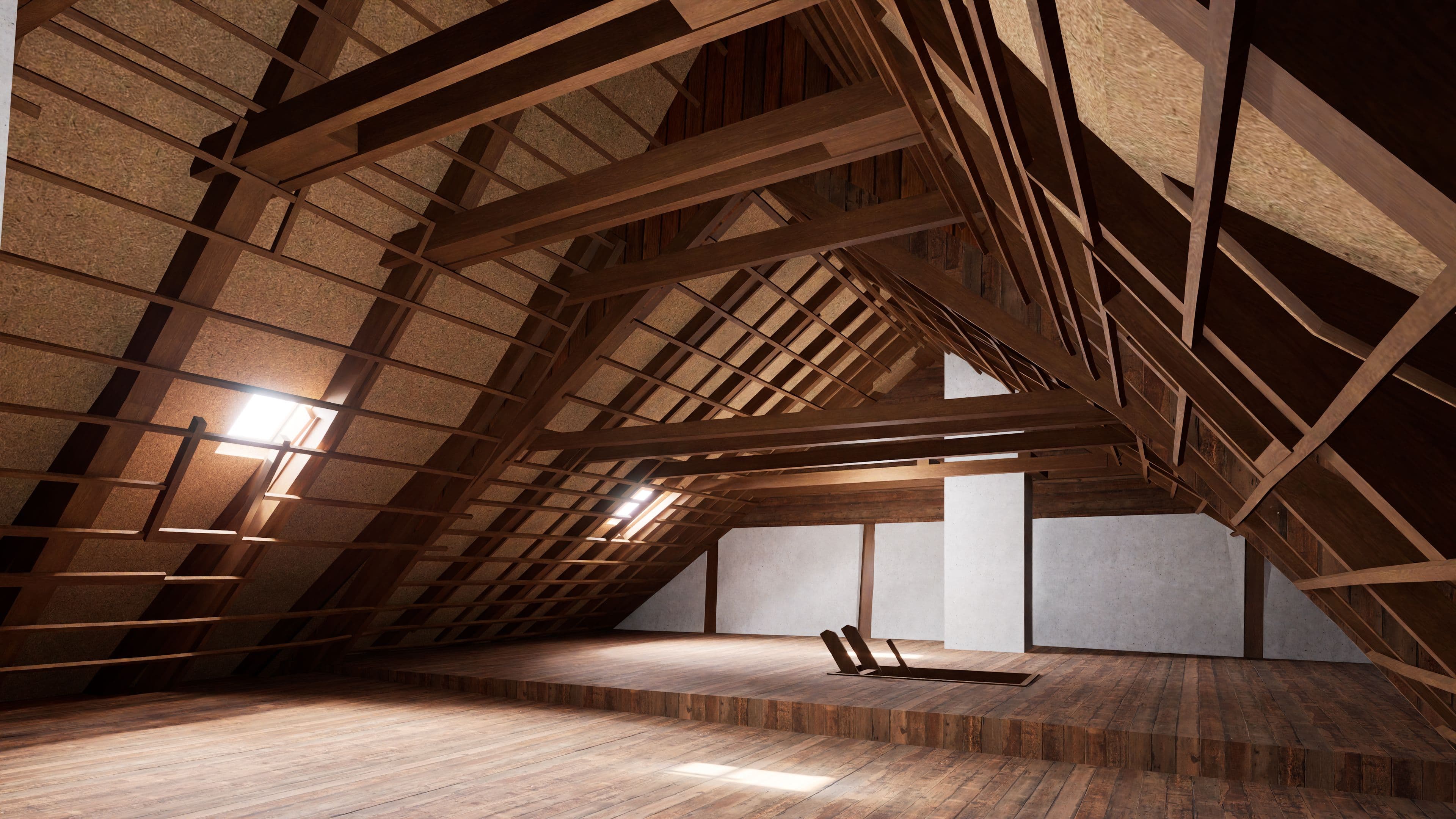 Dachboden mit Holzbalken und Tageslicht, geräumig und modern.