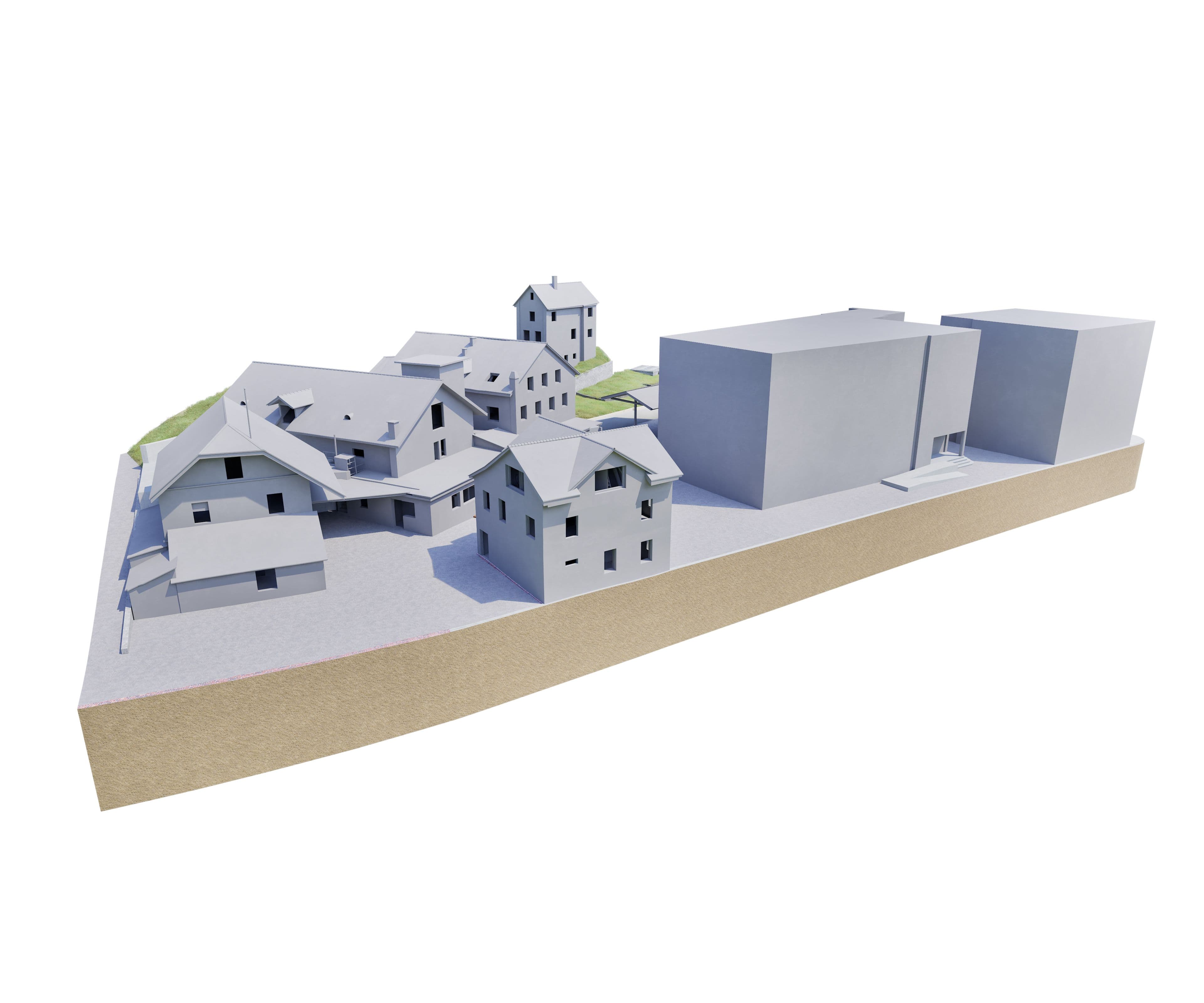 Ein 3D-Modell einer Architektur mit mehreren Gebäuden, präsentiert auf einer rechteckigen Basis.