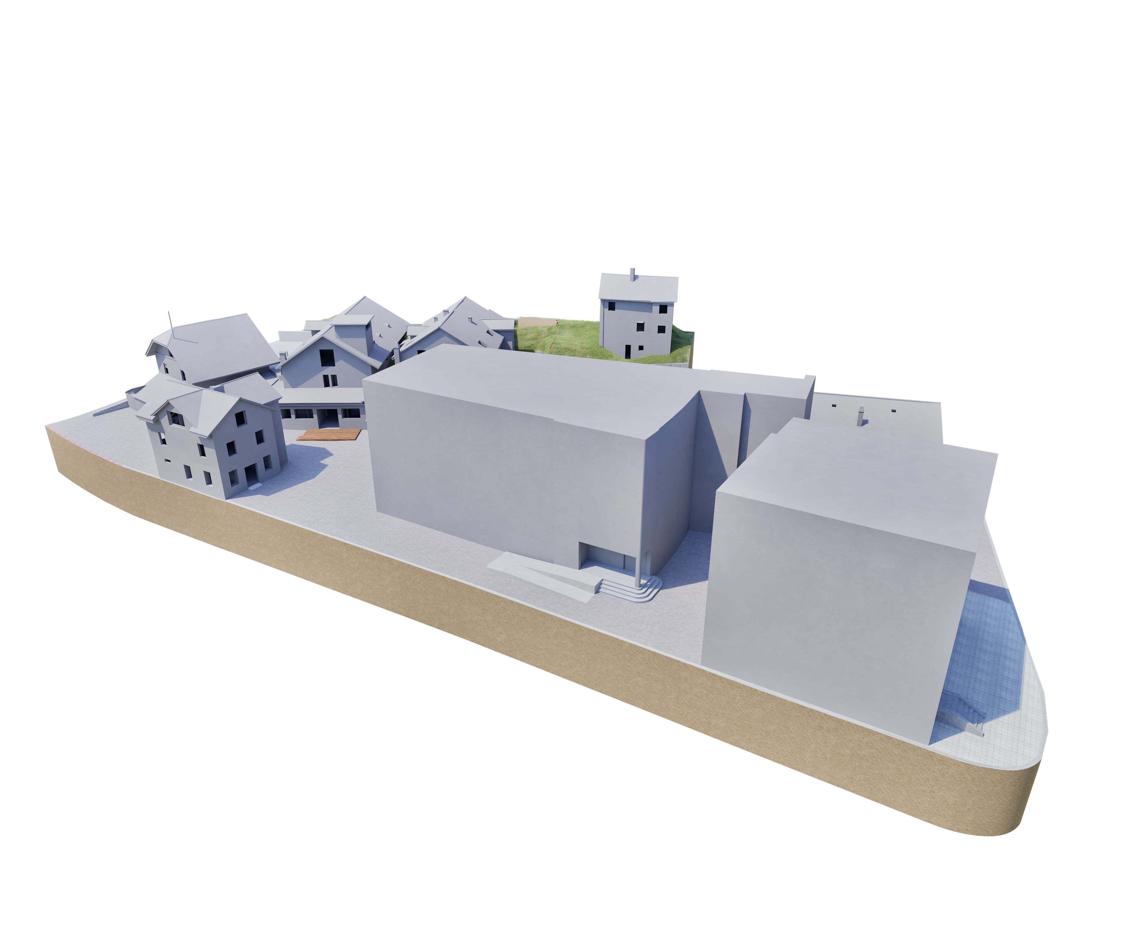 Ein modernes Architekturmodell einer Gebäudegruppe mit Dachschrägen und Flachdächern auf einem erhöhten, abgewinkelten Grundstück.