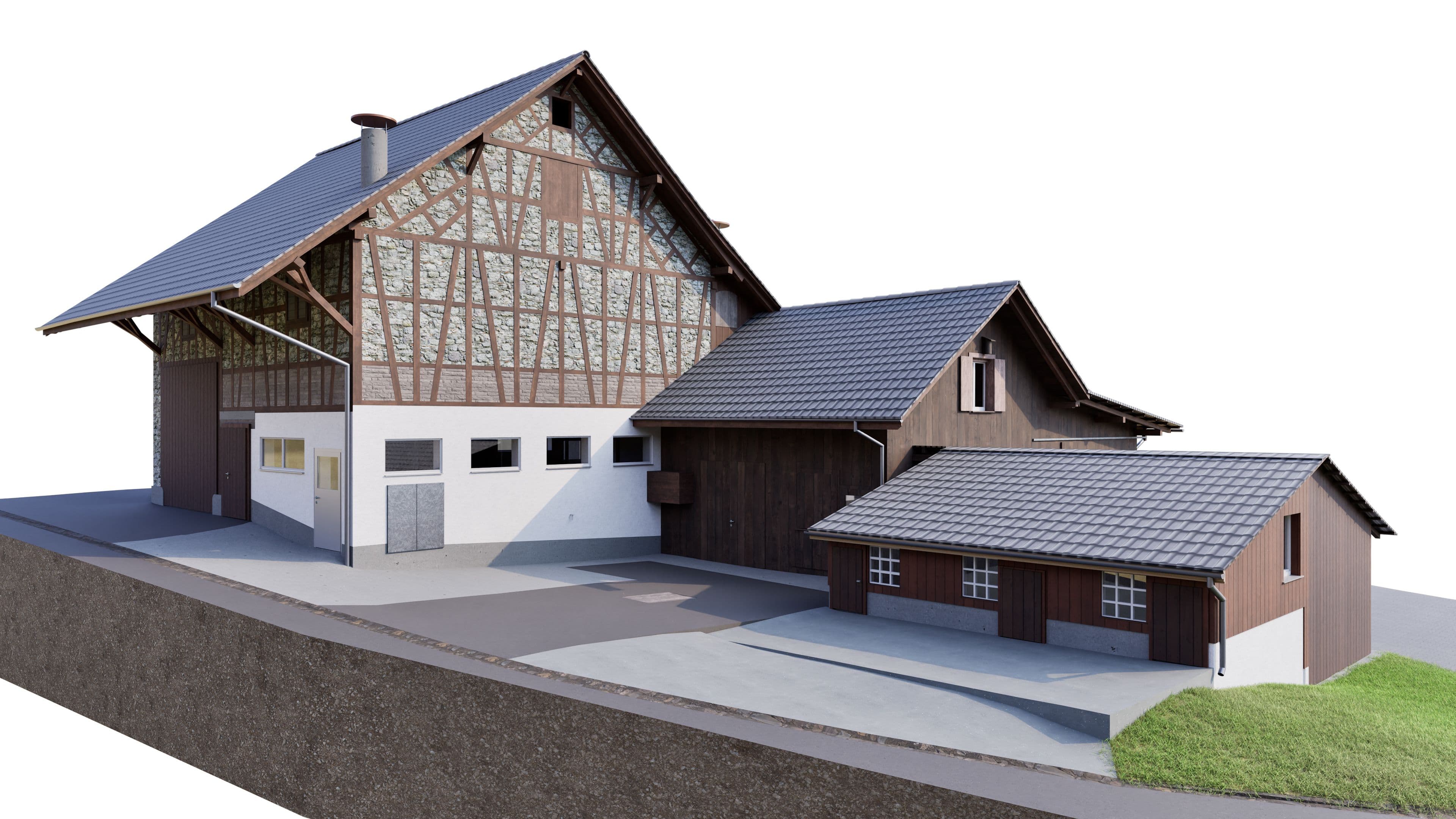 3D-Modell eines Bauernhofs mit Fachwerkscheune und Nebengebäuden auf Hanggrundstück, graues Satteldach, Hofzufahrt und kleiner Grünfläche, freigestellt auf weißem Hintergrund.