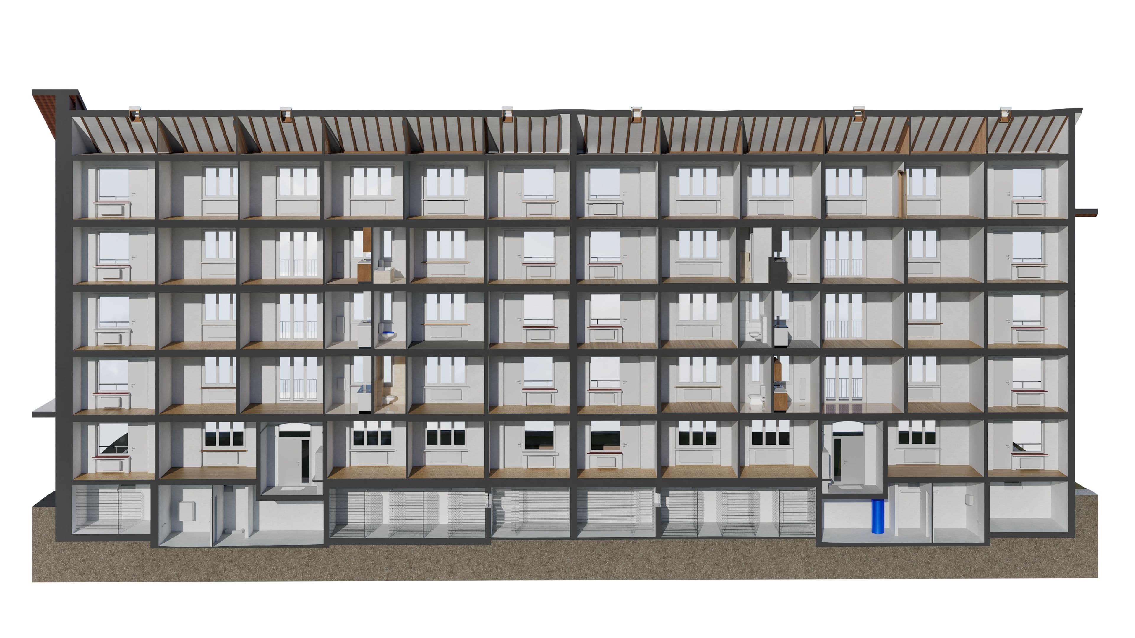 Ein mehrstöckiger Gebäudeschnitt mit sichtbaren Räumen und Strukturen.