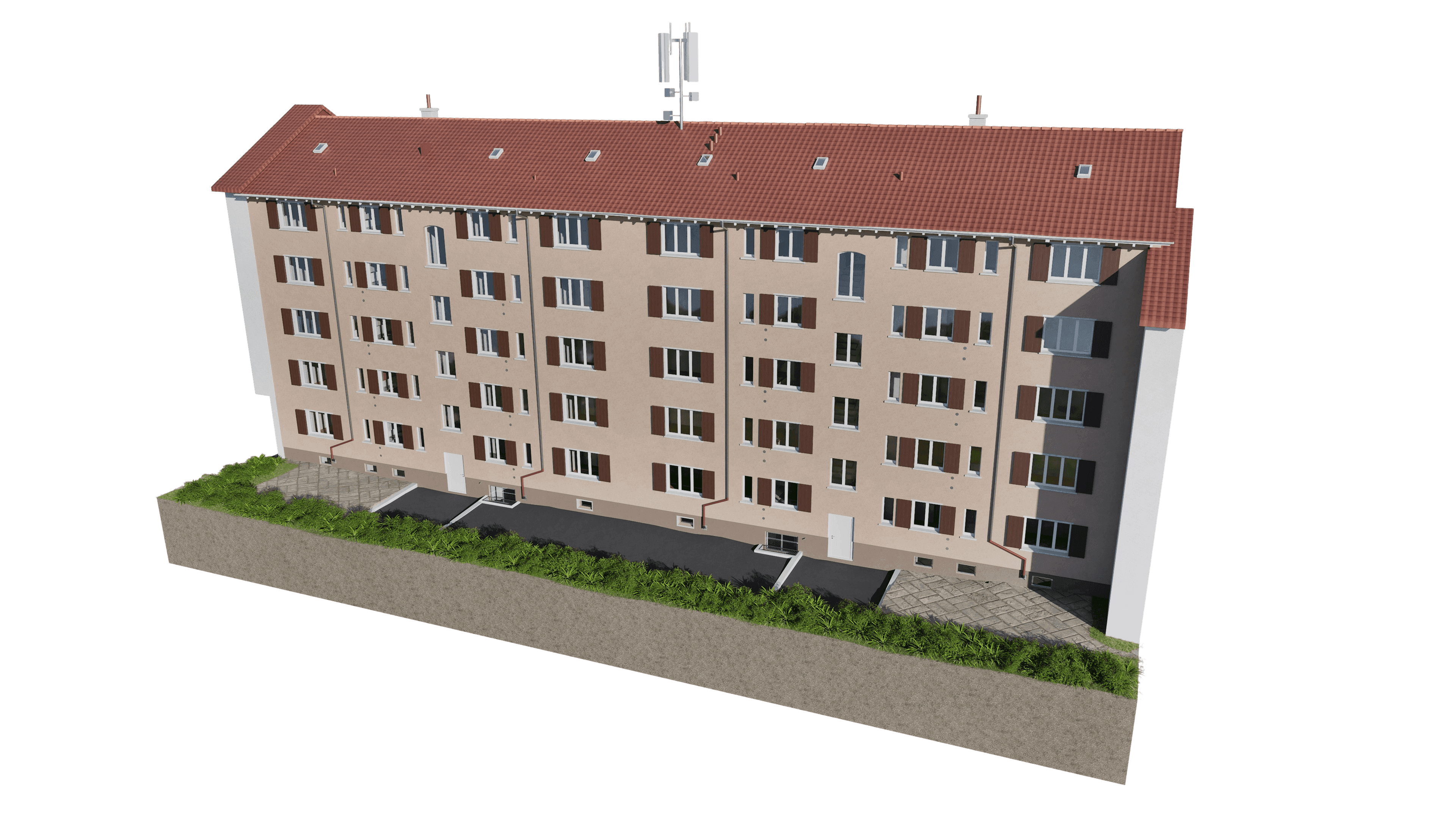 Mehrfamilienhaus mit rotem Dach, mehreren Stockwerken und zahlreichen Fenstern.