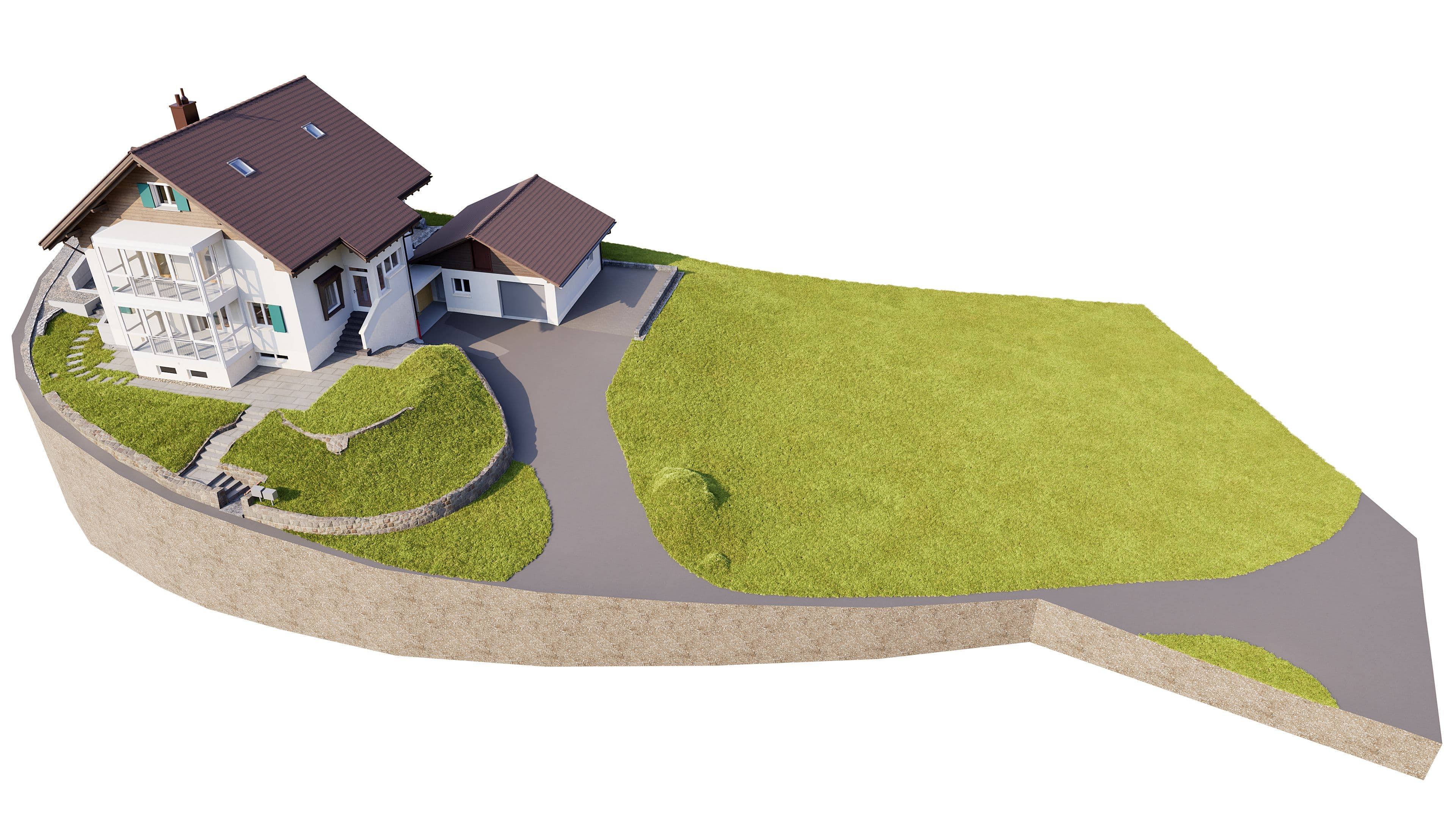 Freistehendes Einfamilienhaus mit Garten und Auffahrt, erhöht gebaut auf gestufter Landschaft.