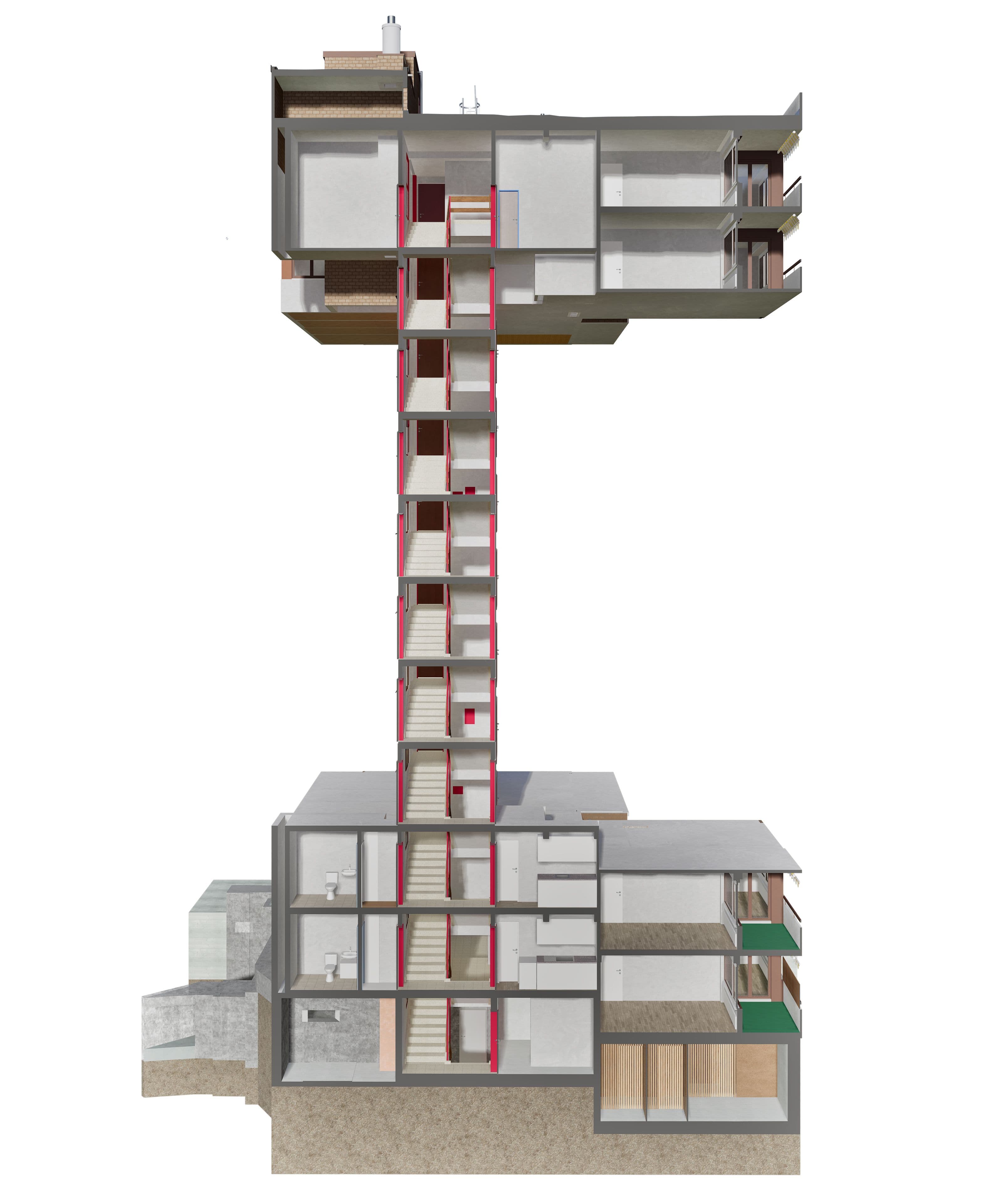Querschnitt eines vertikalen Gebäudes mit Treppenhaus und verschiedenen Wohnebenen.