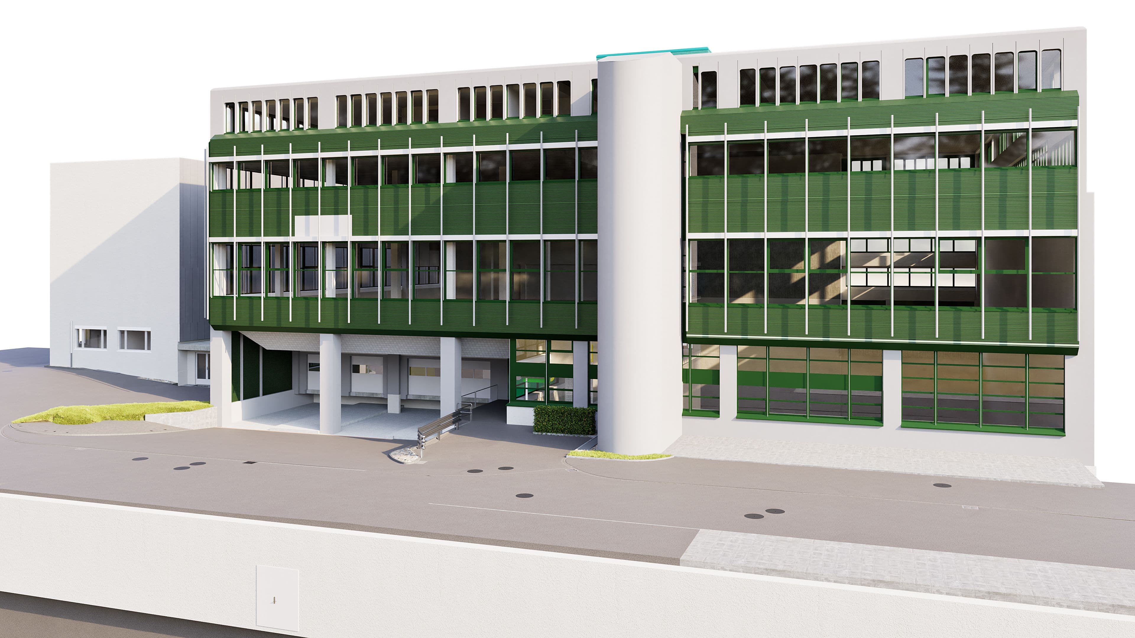 Ein modernes, mehrstöckiges Gebäude mit Glasfassade und bepflanztem Dach.