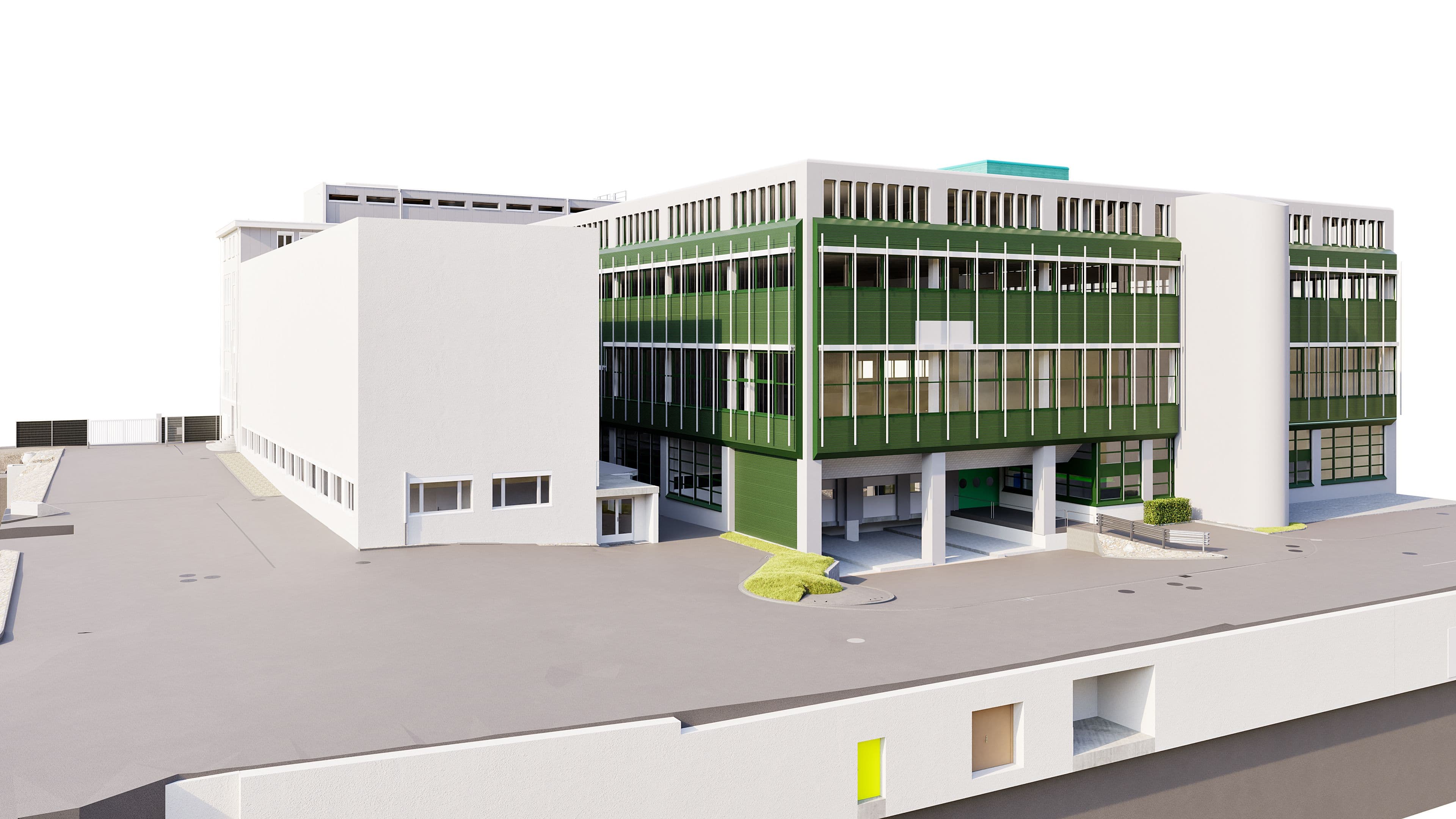 Modernes Lager- und Logistikgebäude mit grün-weißer Fassade.