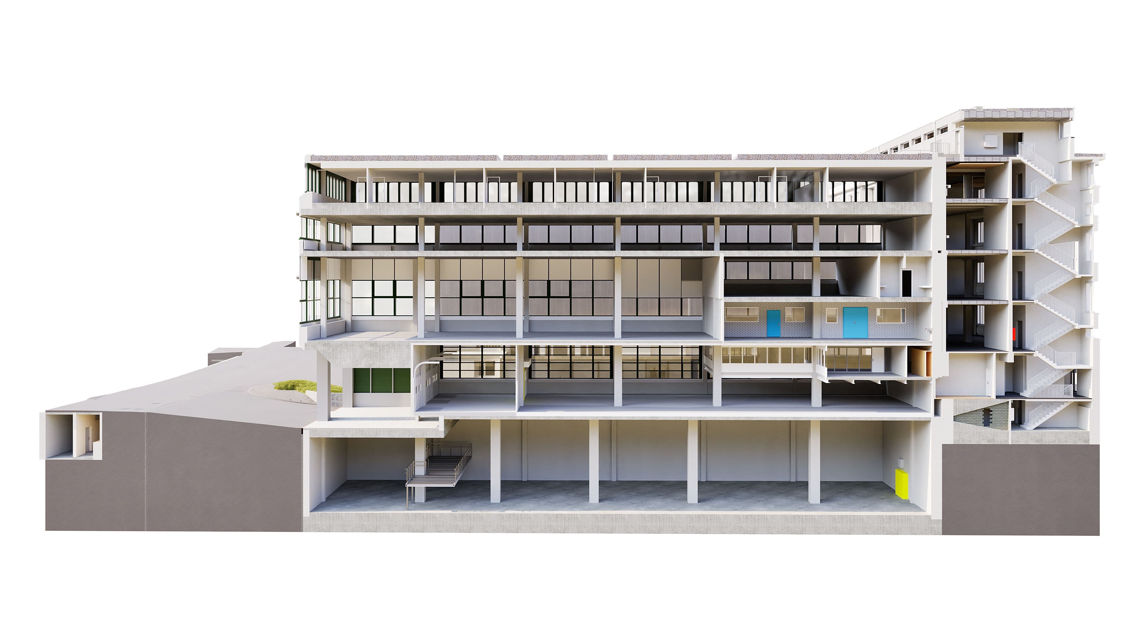 Ein Querschnitt eines modernen Gebäudes, das die Innenstruktur mit mehreren Etagen und verschiedenen Bereichen zeigt.