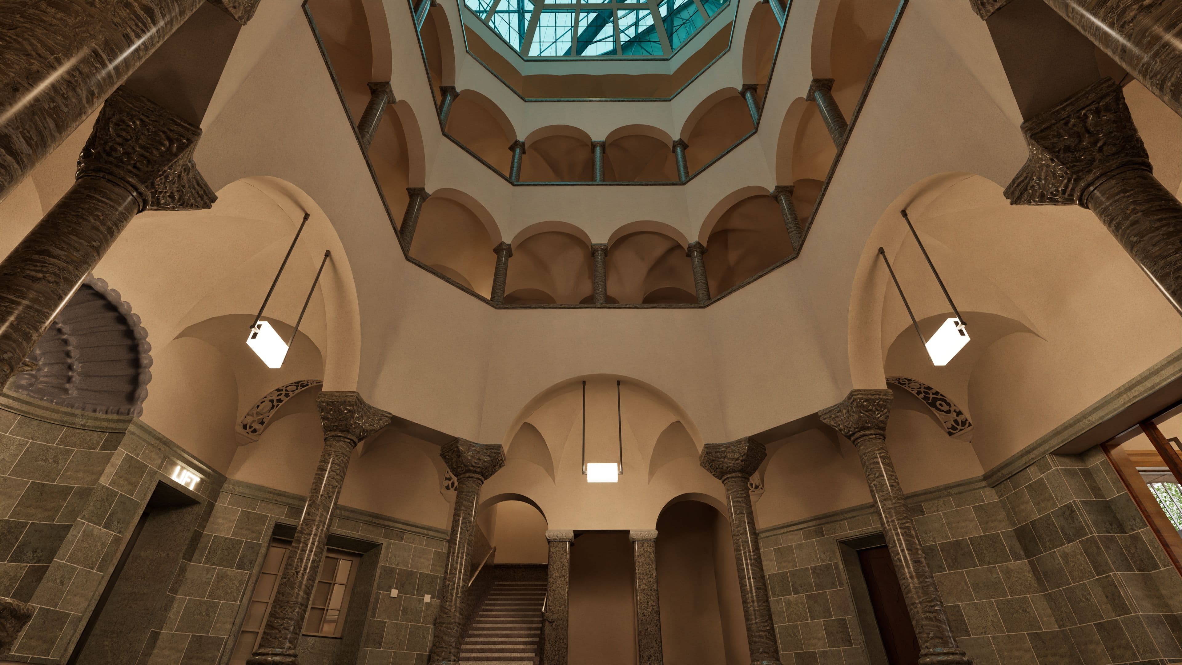 Gebäudeinnenraum mit gewölbter Decke, verziert mit Säulen und Rundbögen.