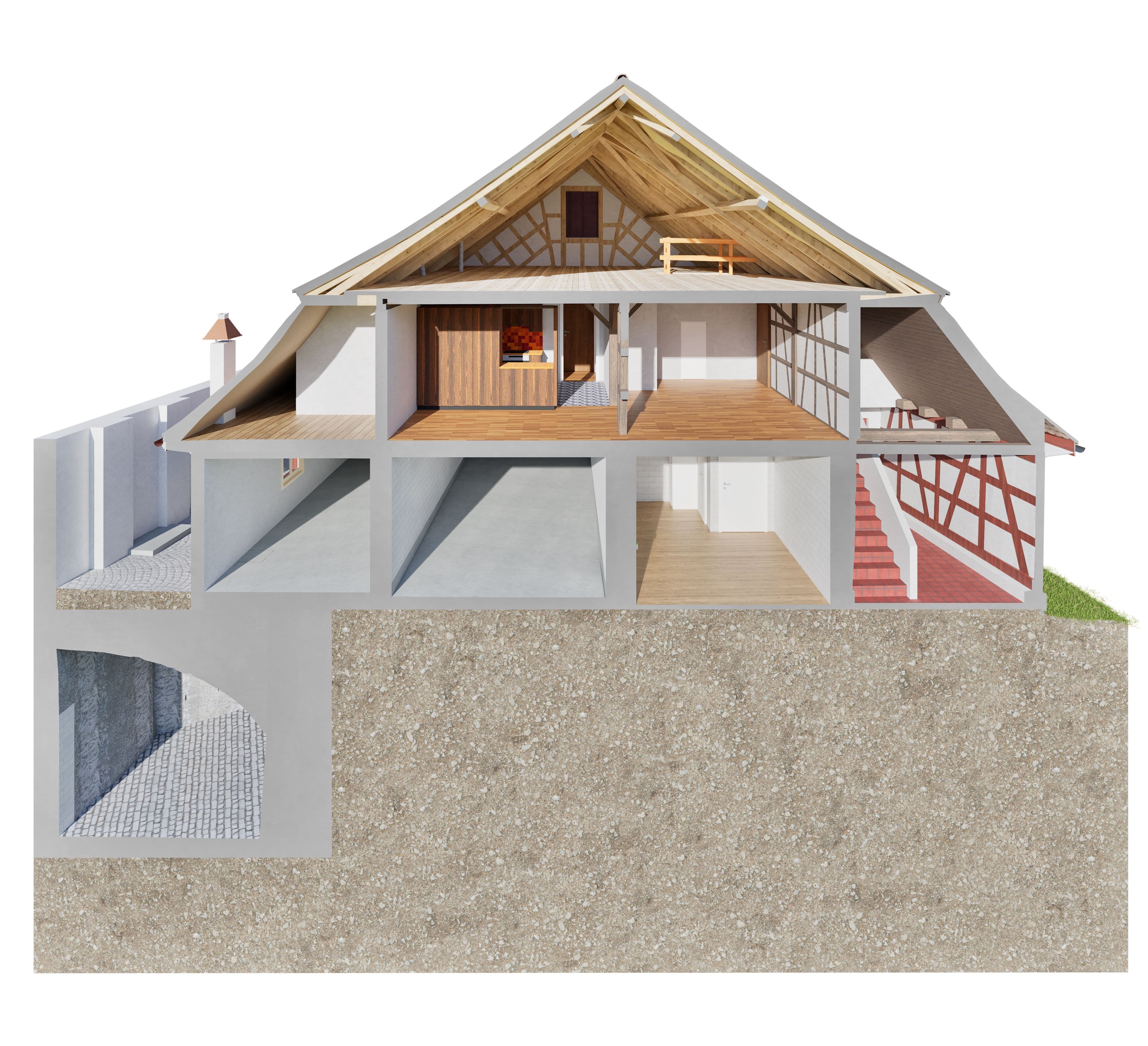 Ein Querschnitt eines Hauses zeigt mehrere Etagen mit Holz- und Betonstruktur. Obergeschoss mit Dachboden, darunter Wohnräume und Erdgeschoss.