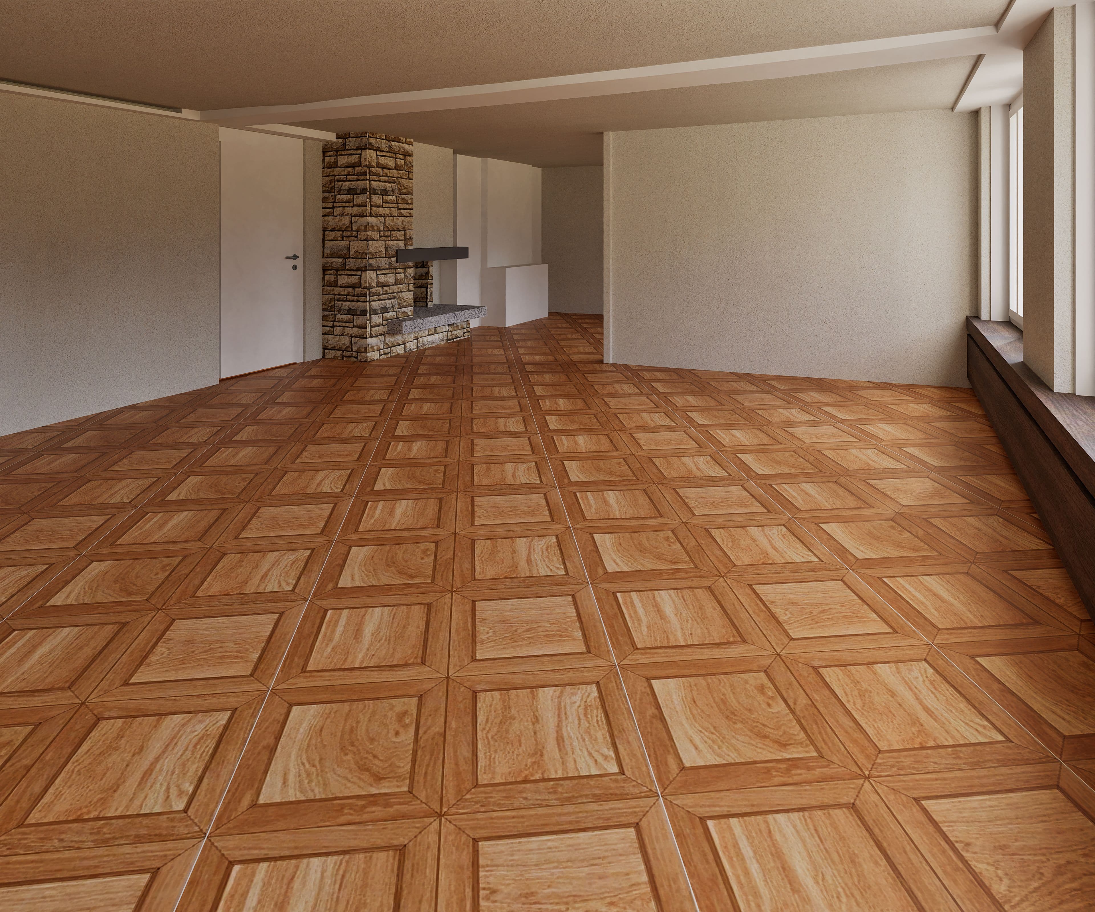 Großer, leerer Raum mit Holzparkett, weiß gestrichenen Wänden und rundem Kamin.