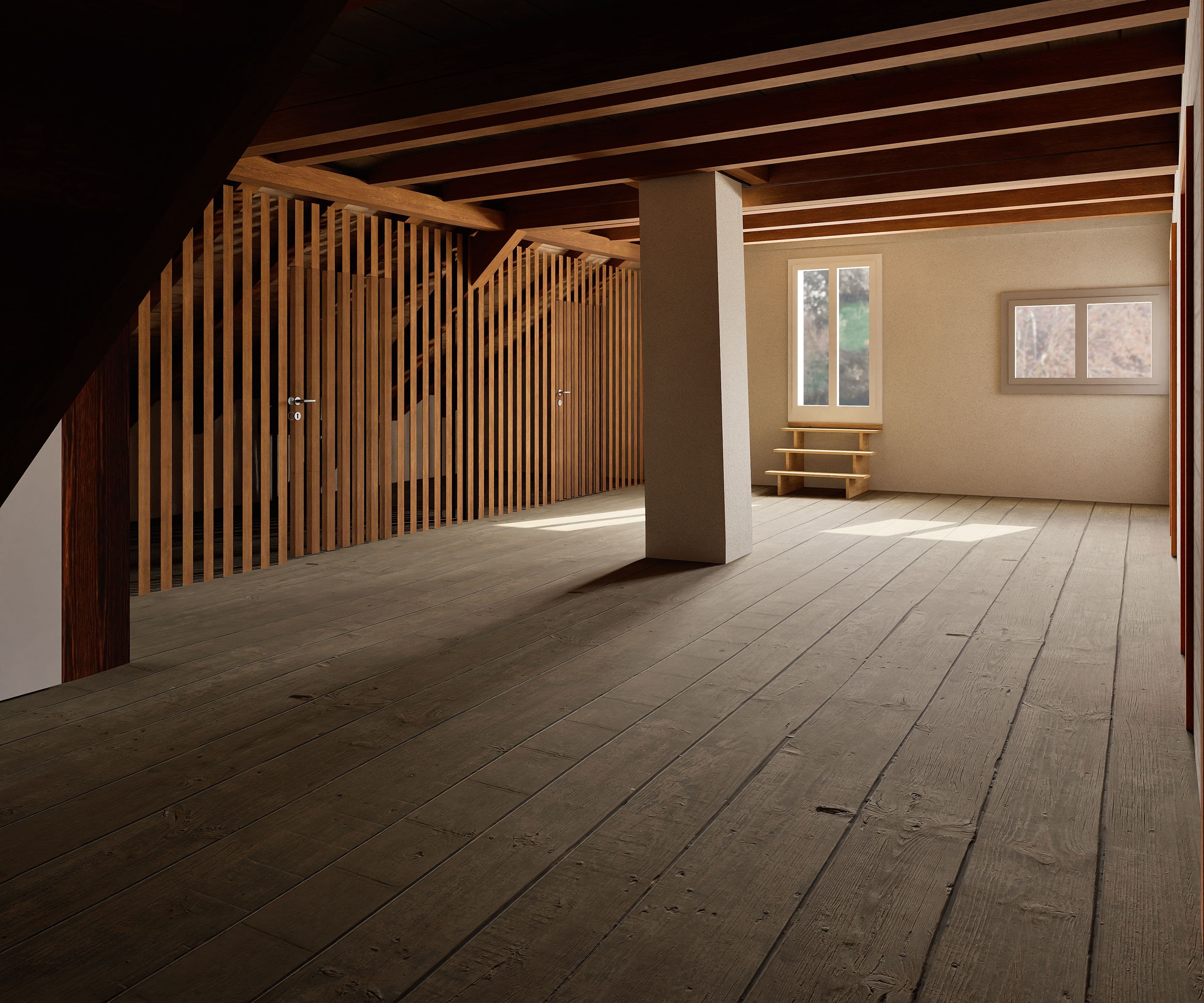 Dachboden mit Holzverkleidung, großen Fenstern und Holzboden.