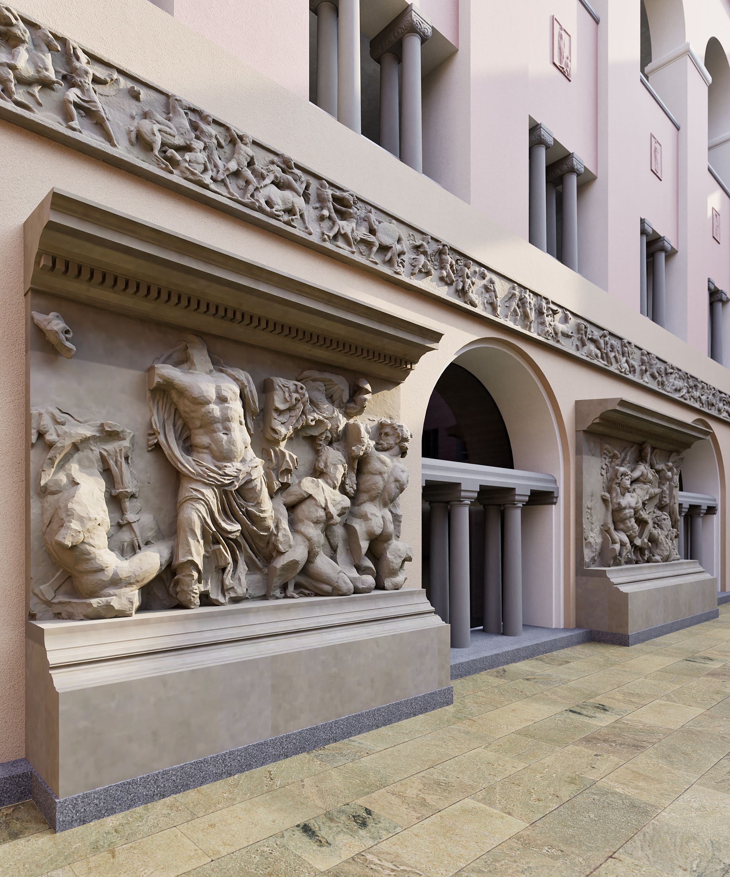 Ein Renaissance-Gebäude mit detaillierten antiken Reliefs und Skulpturen, darunter mythologische Figuren.