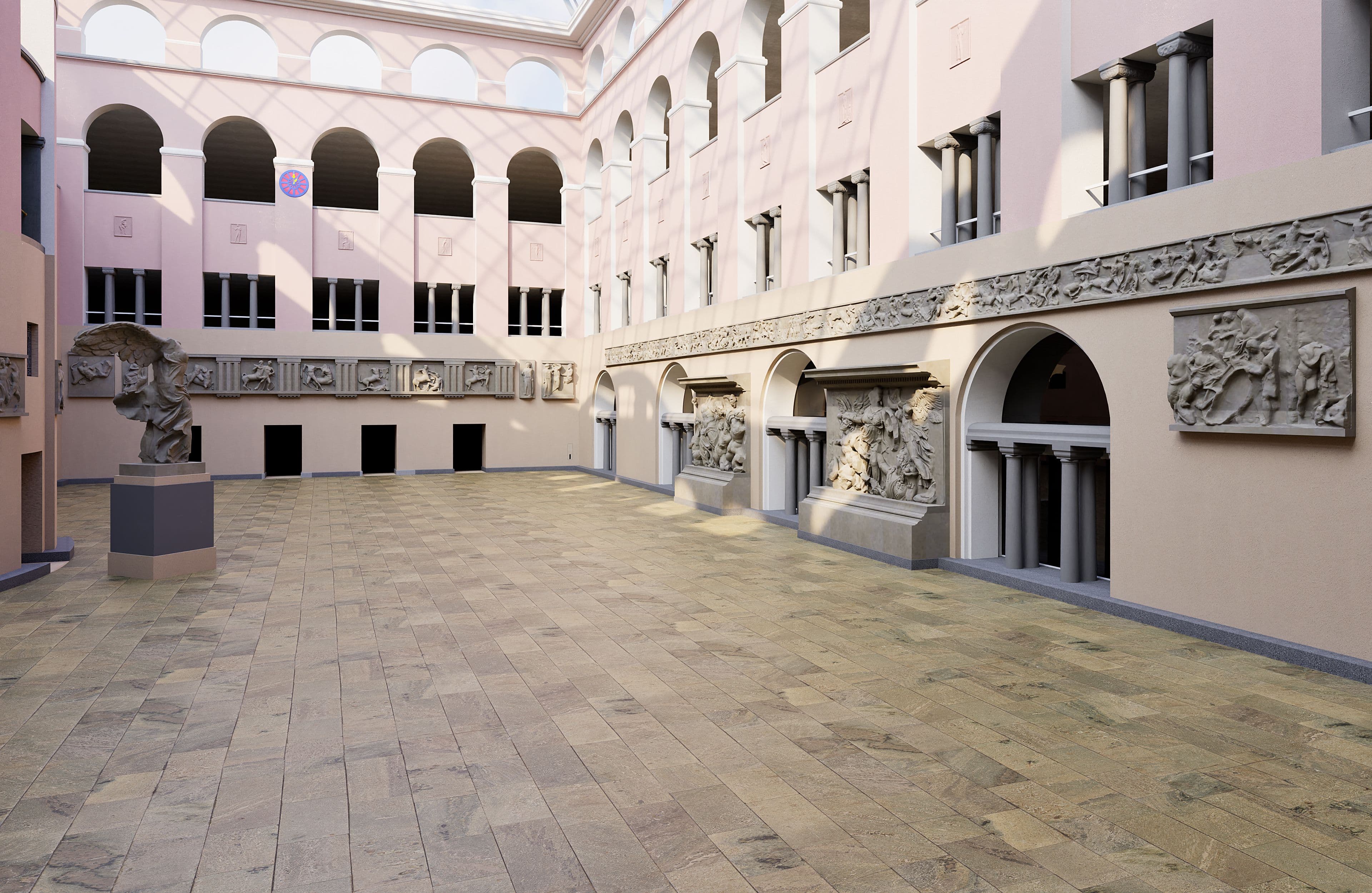 Ein großer Innenhof mit dekorativen Reliefs an den Wänden und Skulpturen. Umliegende Bögen und Fenster sorgen für architektonische Eleganz.