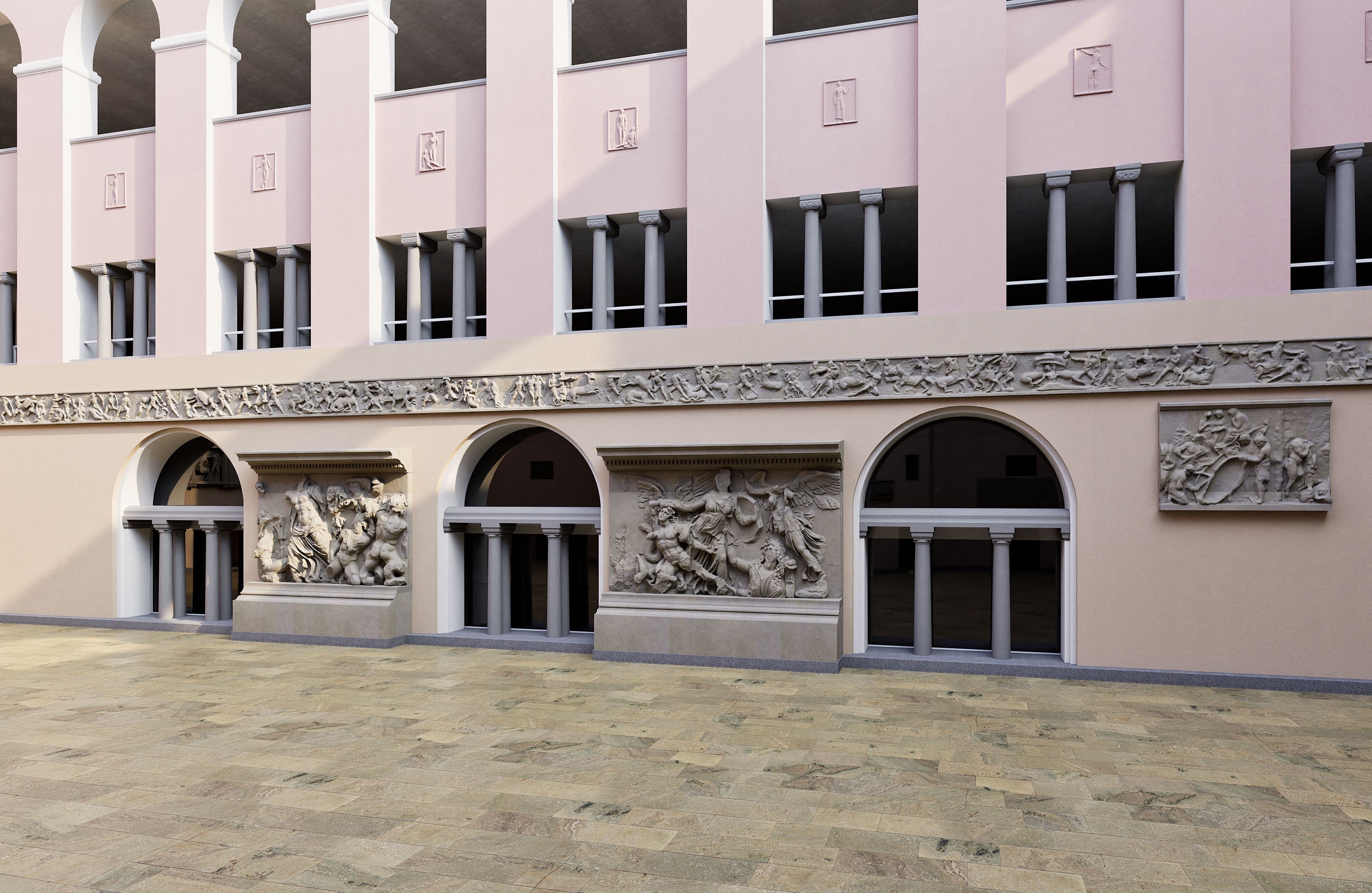 Ein historisches Gebäude mit detaillierten Reliefs an der Fassade, umgeben von einem gepflasterten Platz.