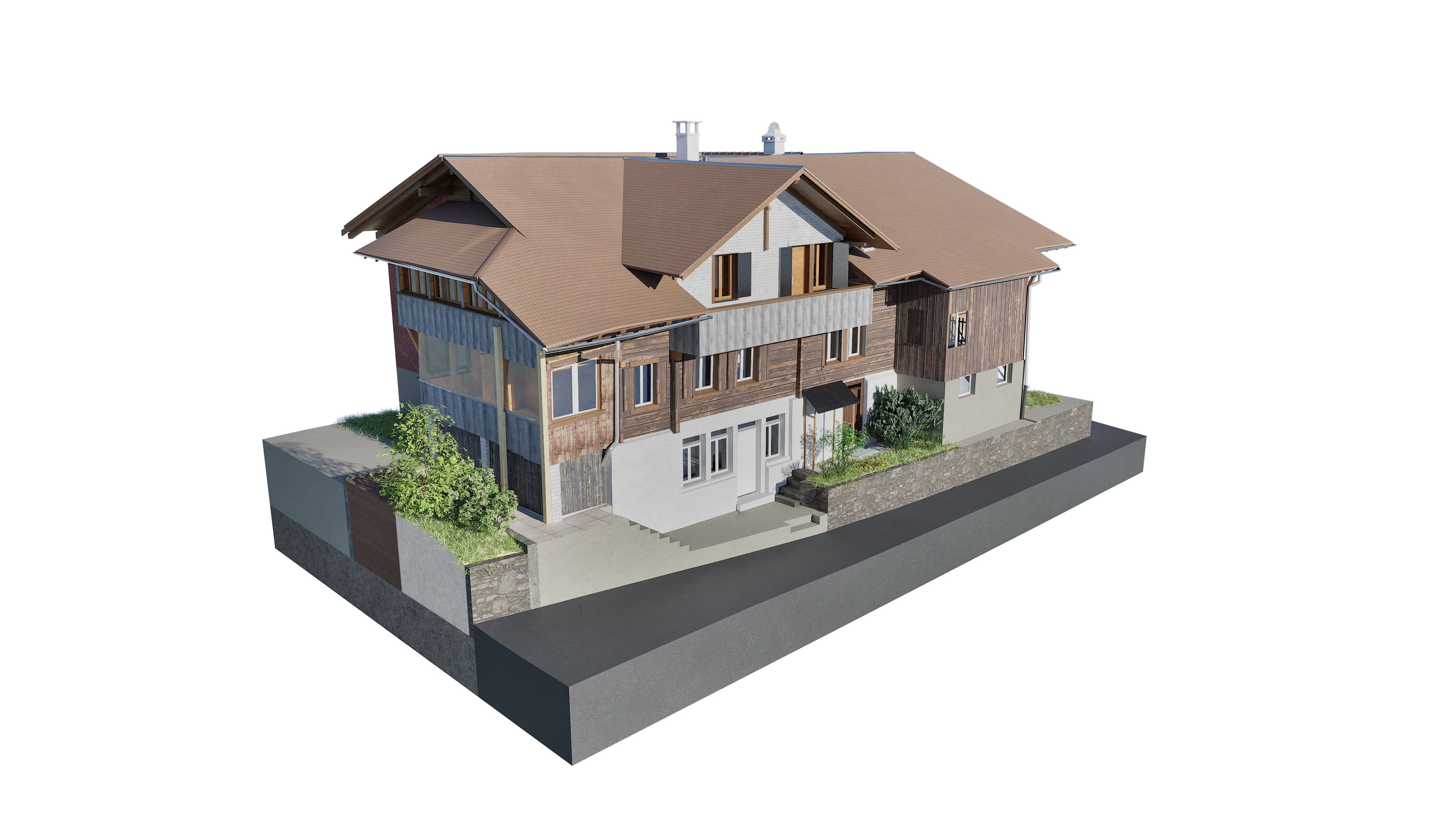 Zweistöckiges rustikales Gebäude mit hölzernen Elementen und braunem Dach, umgeben von einem einfachen Garten.