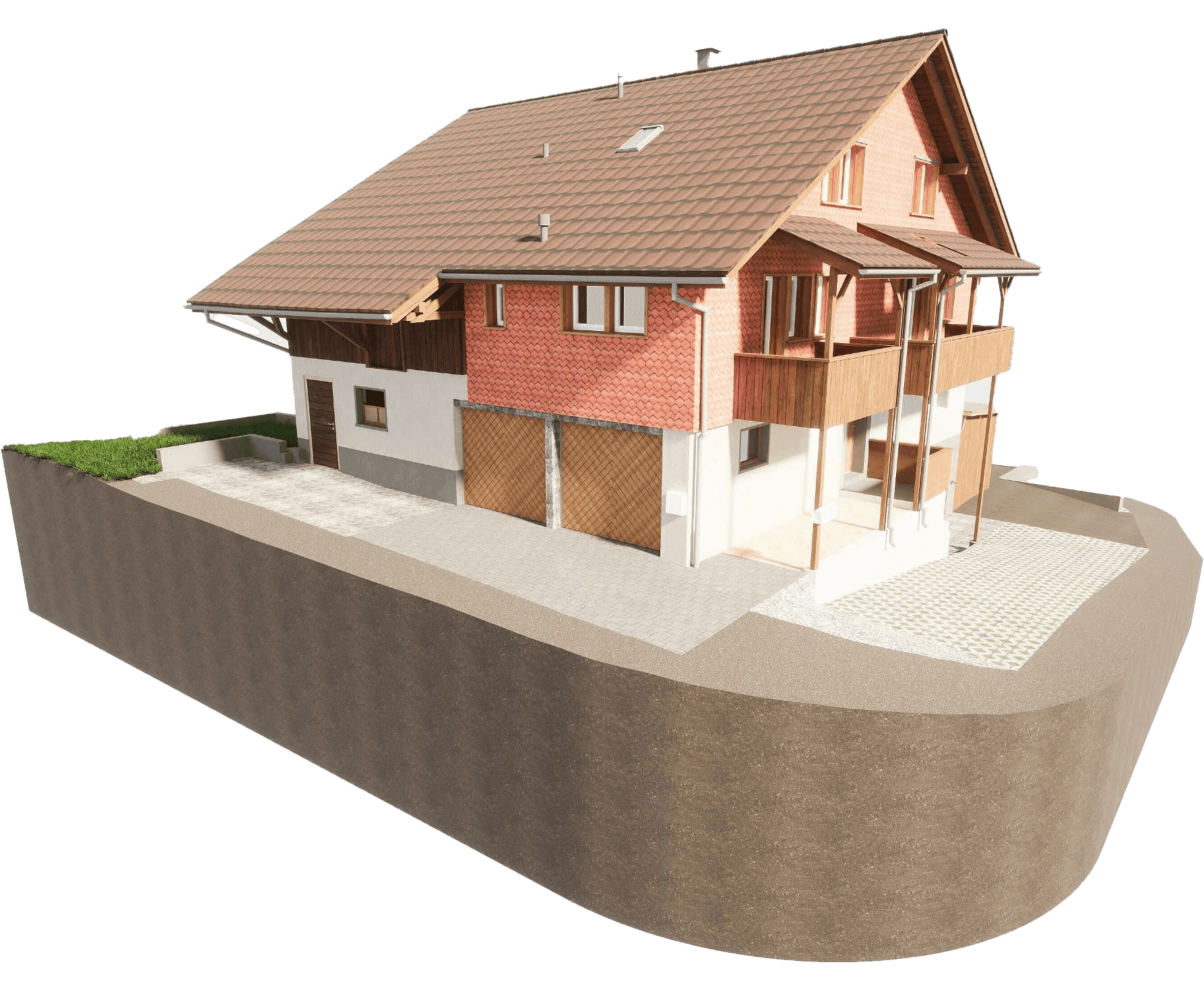 Zweistöckiges Einfamilienhaus mit Schrägdach und Holzfassade, erhöht auf einem Erdwall.