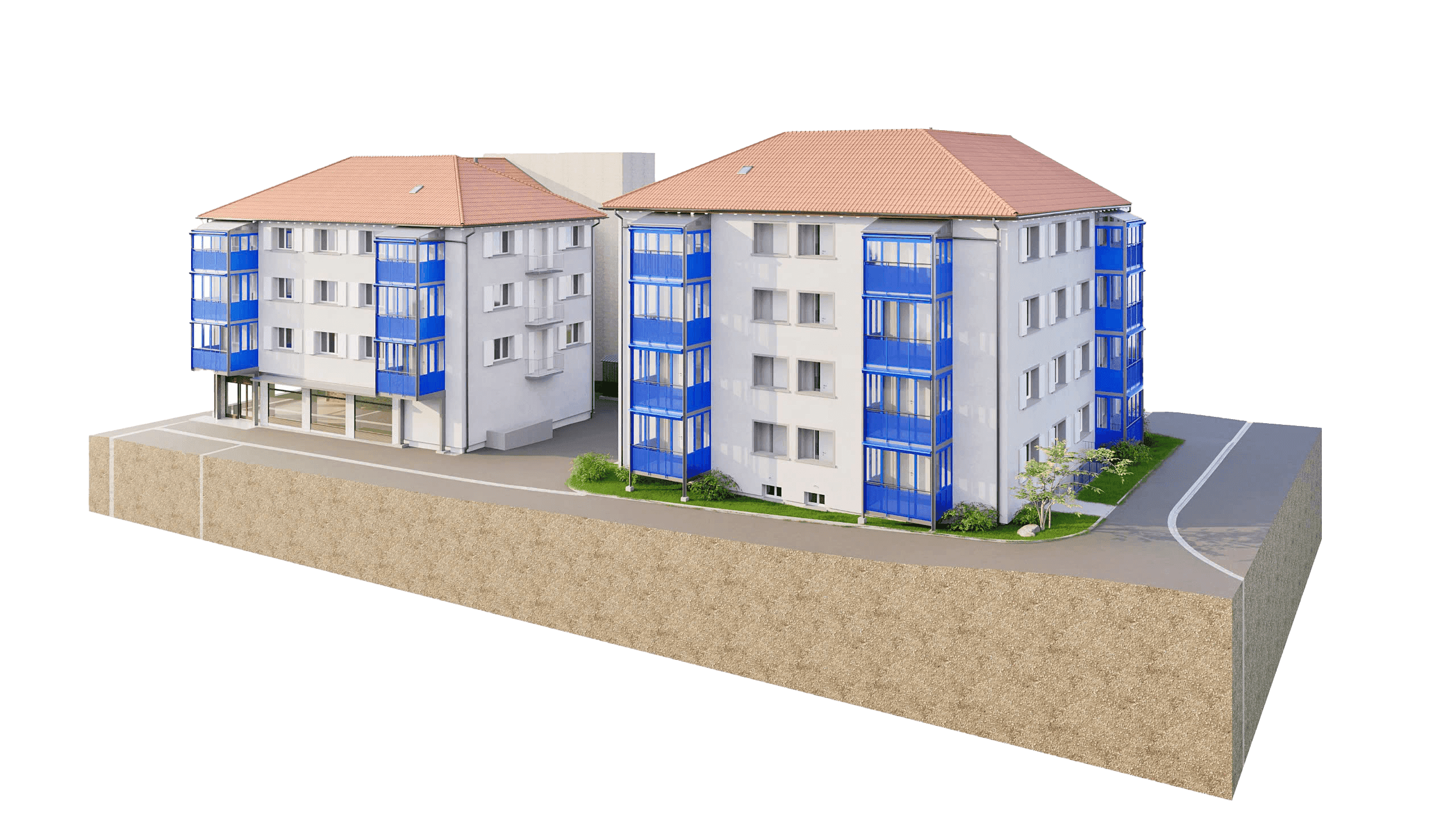 Mehrfamilienhaus mit blauen Balkonen und rotem Dach auf modellhaftem Gelände.