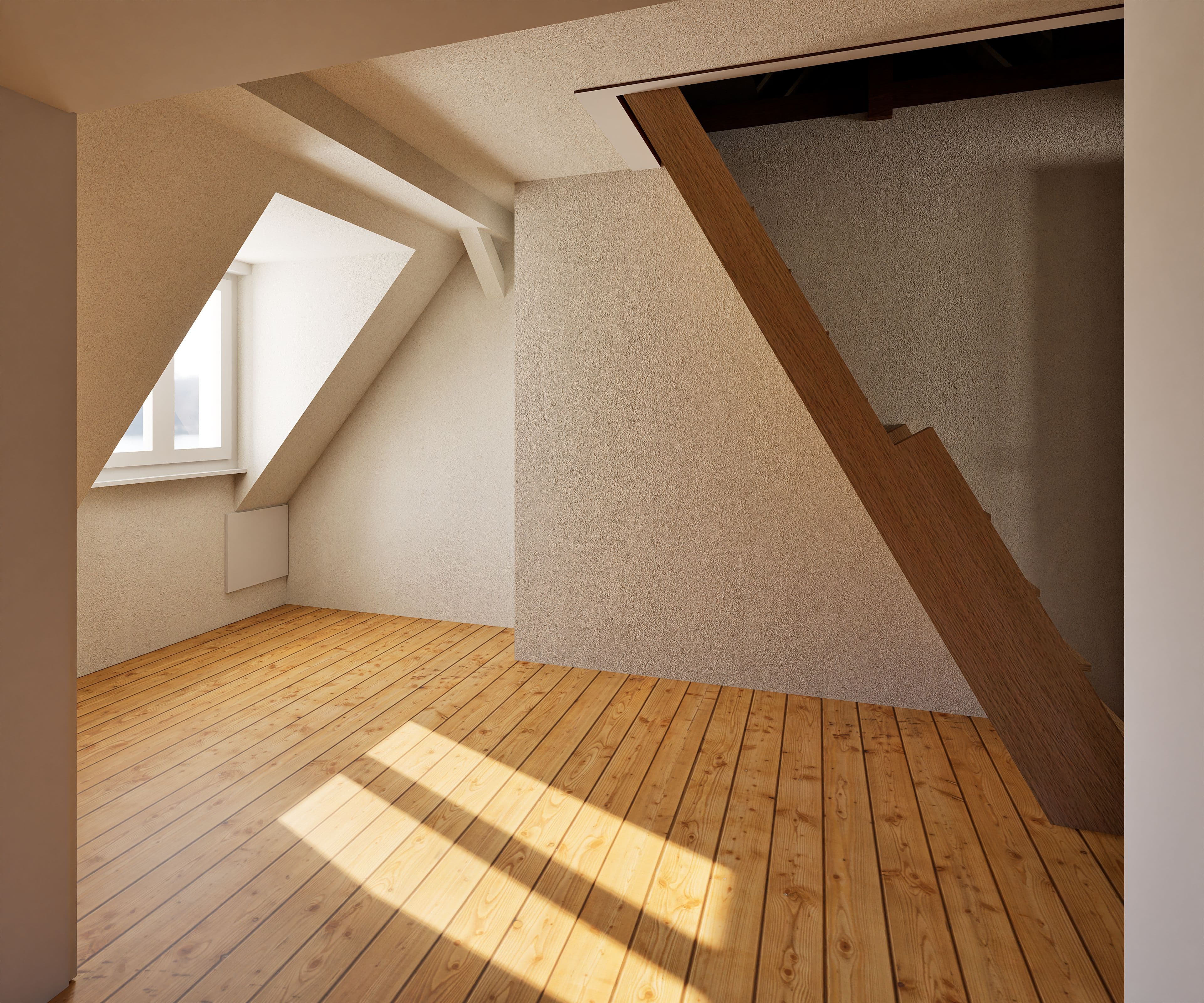 Dachgeschossraum mit Holztreppe und Dachfenster, lichtdurchflutet, minimalistisch.