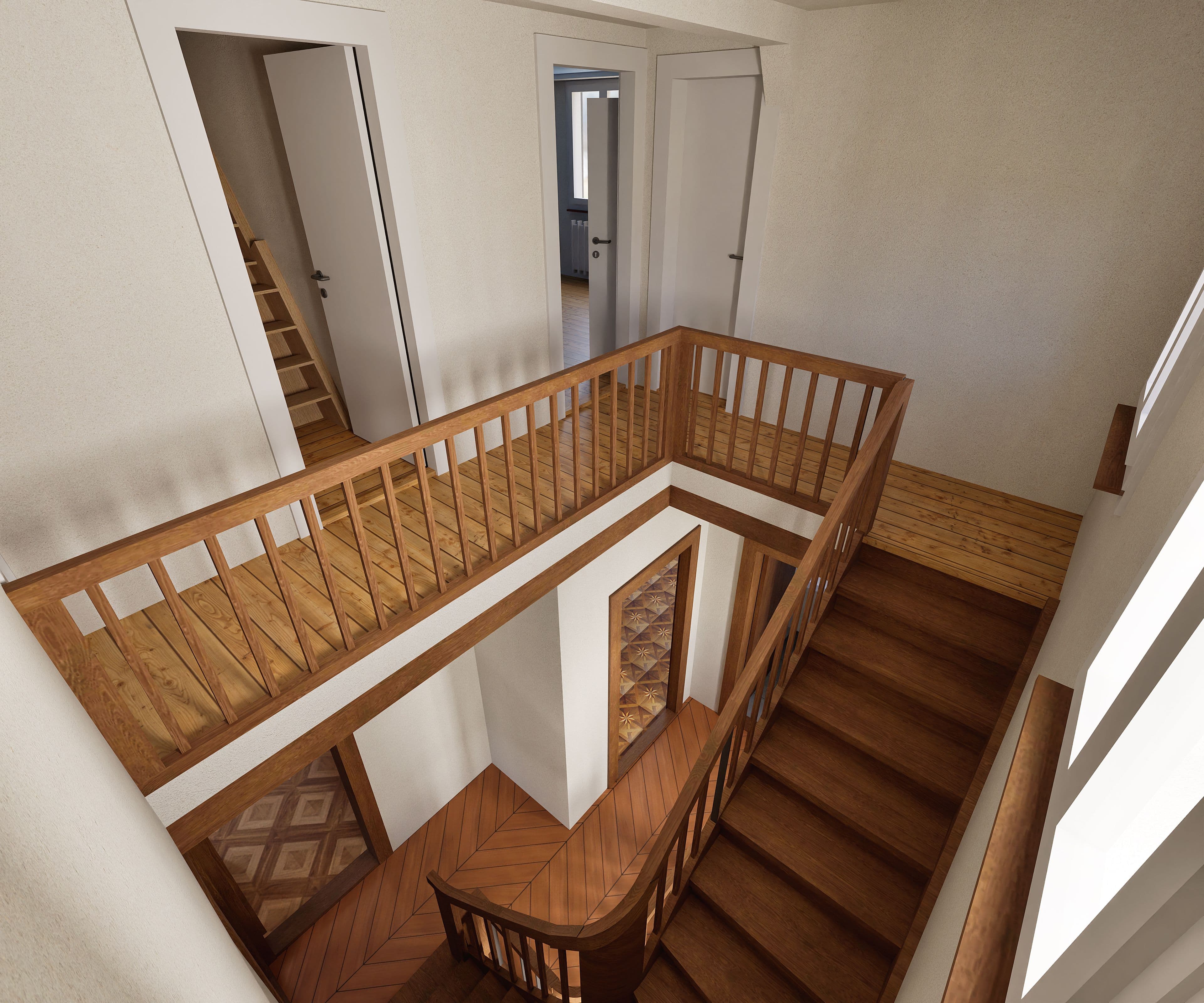 Holztreppe in einem zweistöckigen Haus mit hellem Flur und Türen zu verschiedenen Zimmern.