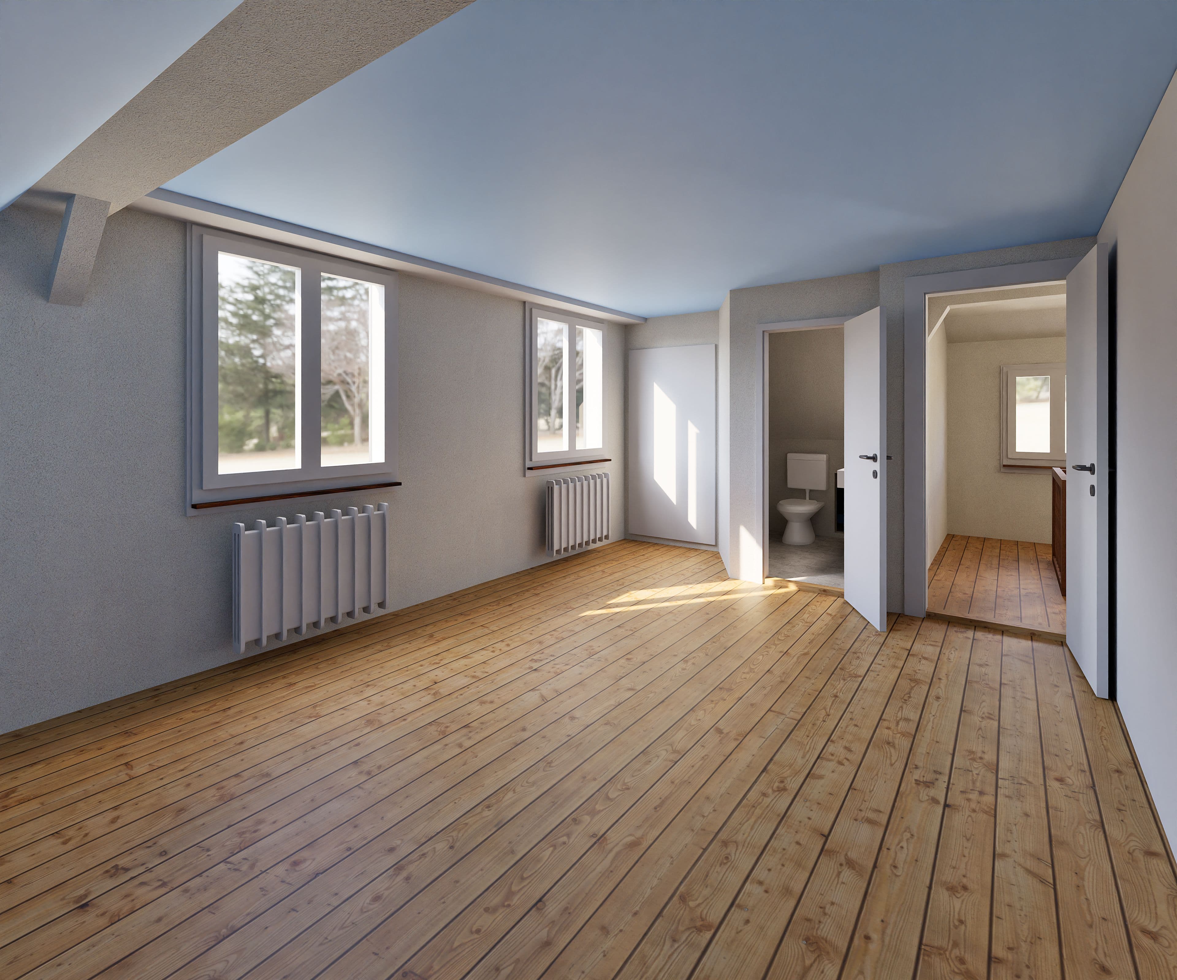 Heller leerer Raum mit Holzfußboden, großen Fenstern, Heizkörpern und zwei offenen Türen, die zu einem Badezimmer führen.
