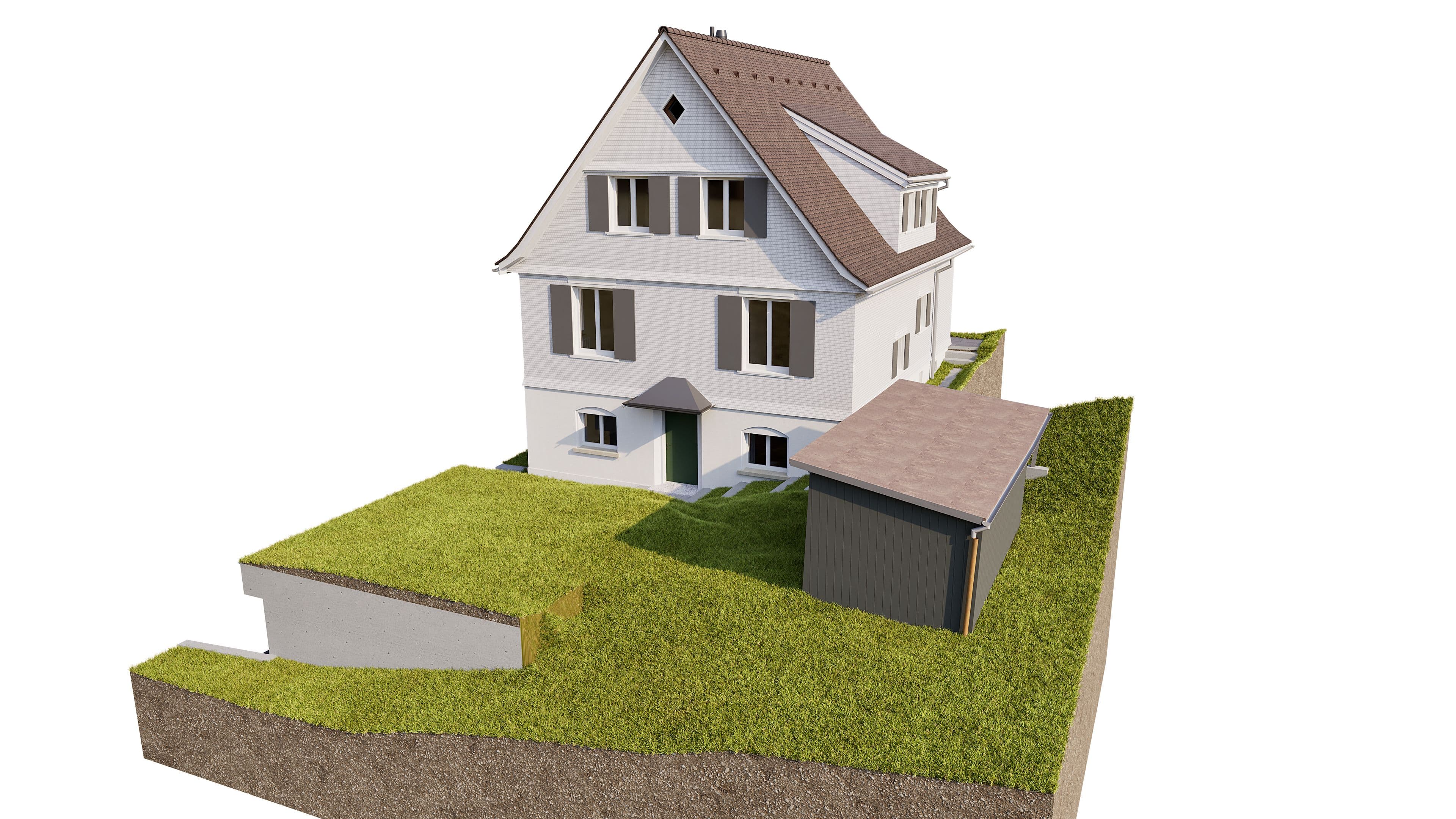 Ein zweistöckiges weißes Haus mit braunem Dach auf grünem Grundstück, umgeben von leicht abfallendem Gelände.