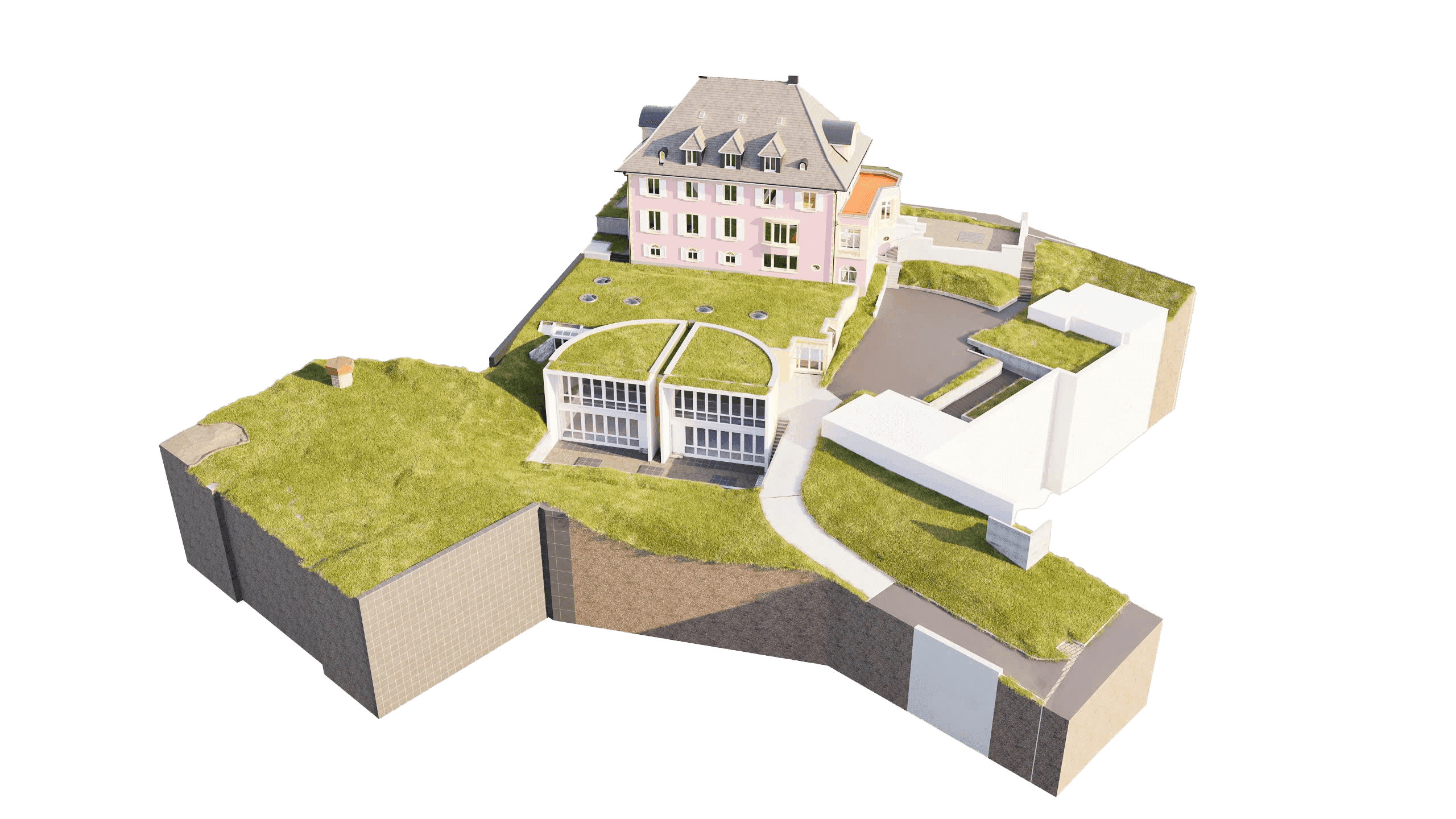 Ein 3D-Architekturmodell eines Anwesens mit einem großen Hauptgebäude, zusätzlichen Strukturen, gepflegten Rasenflächen und einem terrassierten Layout.