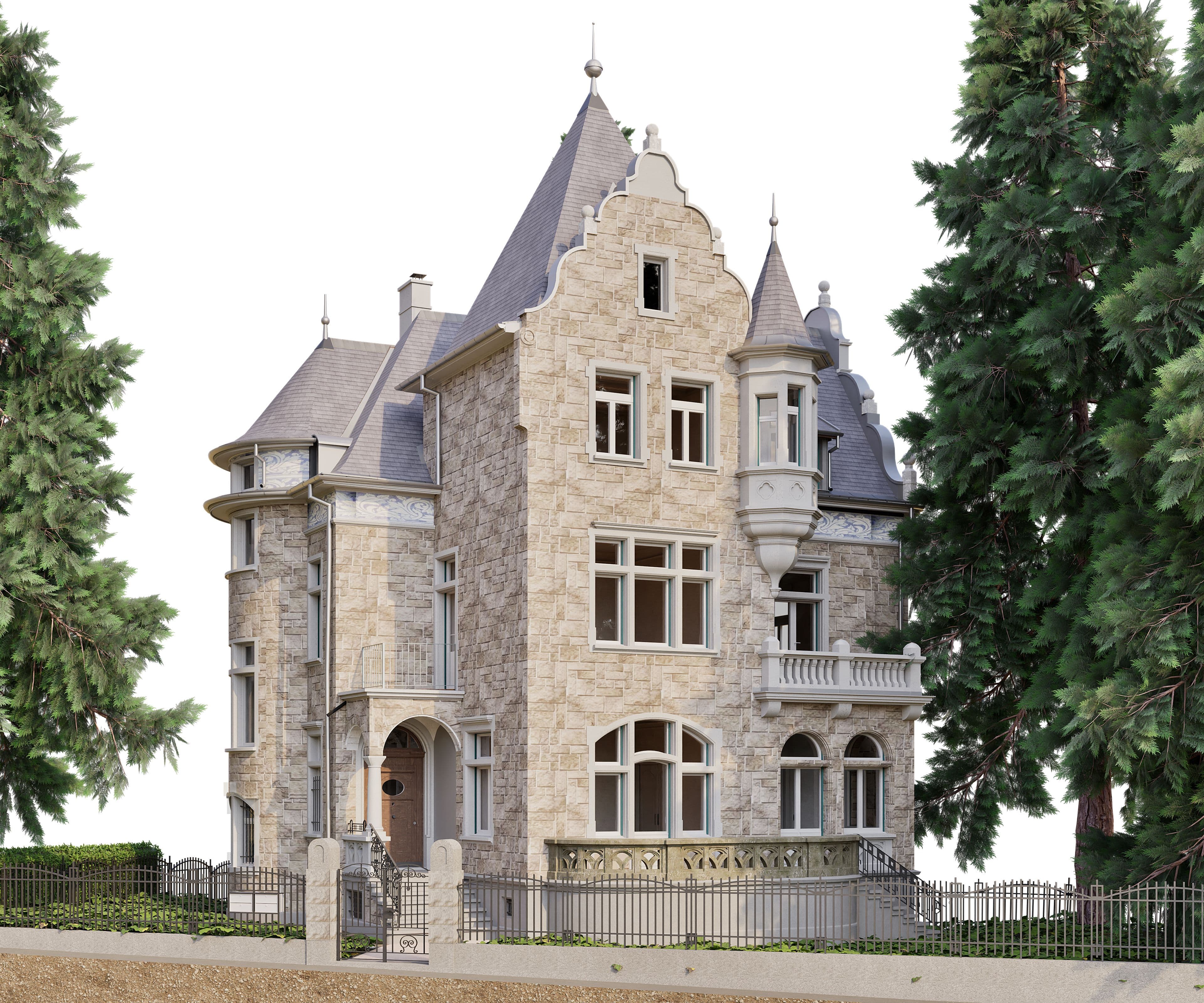 Eine historische Villa mit Erkertürmen und Spitzdach, umgeben von hohen Bäumen, auf einem umzäunten Grundstück.