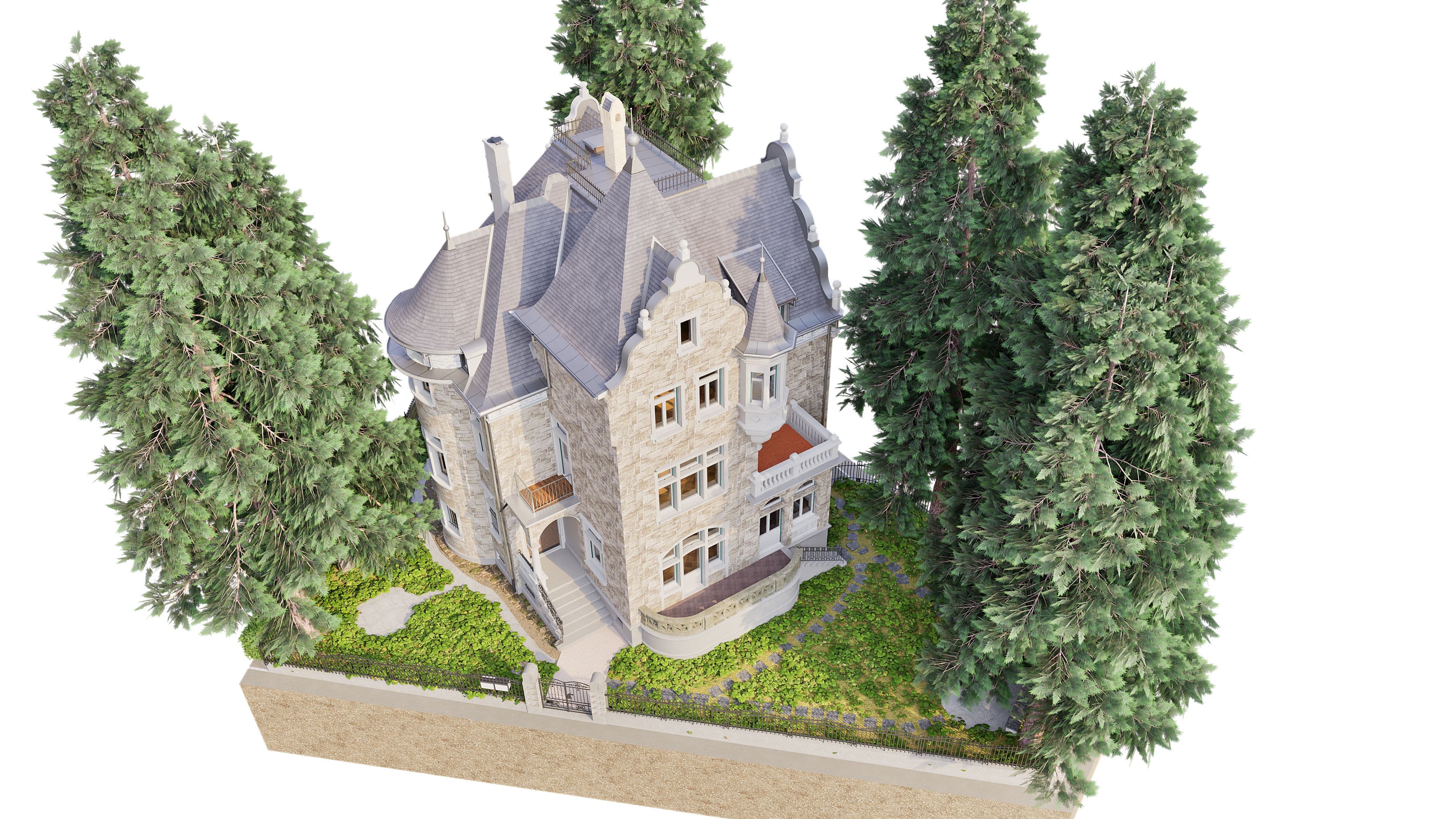 Ein historisches Steinhaus, umgeben von hohen Bäumen, auf einem erhöhten Grundstück.