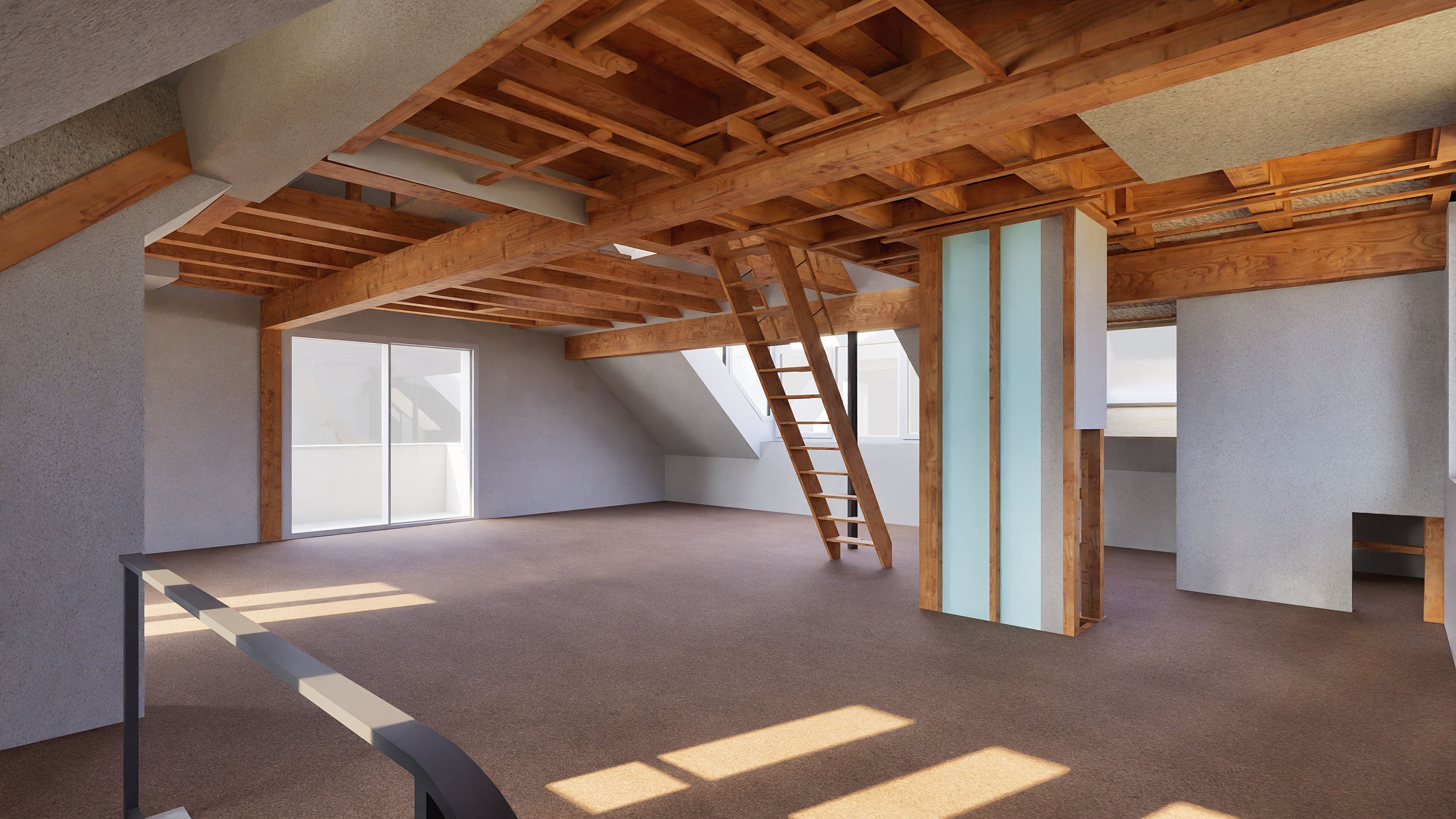 Loftwohnung mit sichtbaren Holzbalken, offenem Grundriss und Galerie.