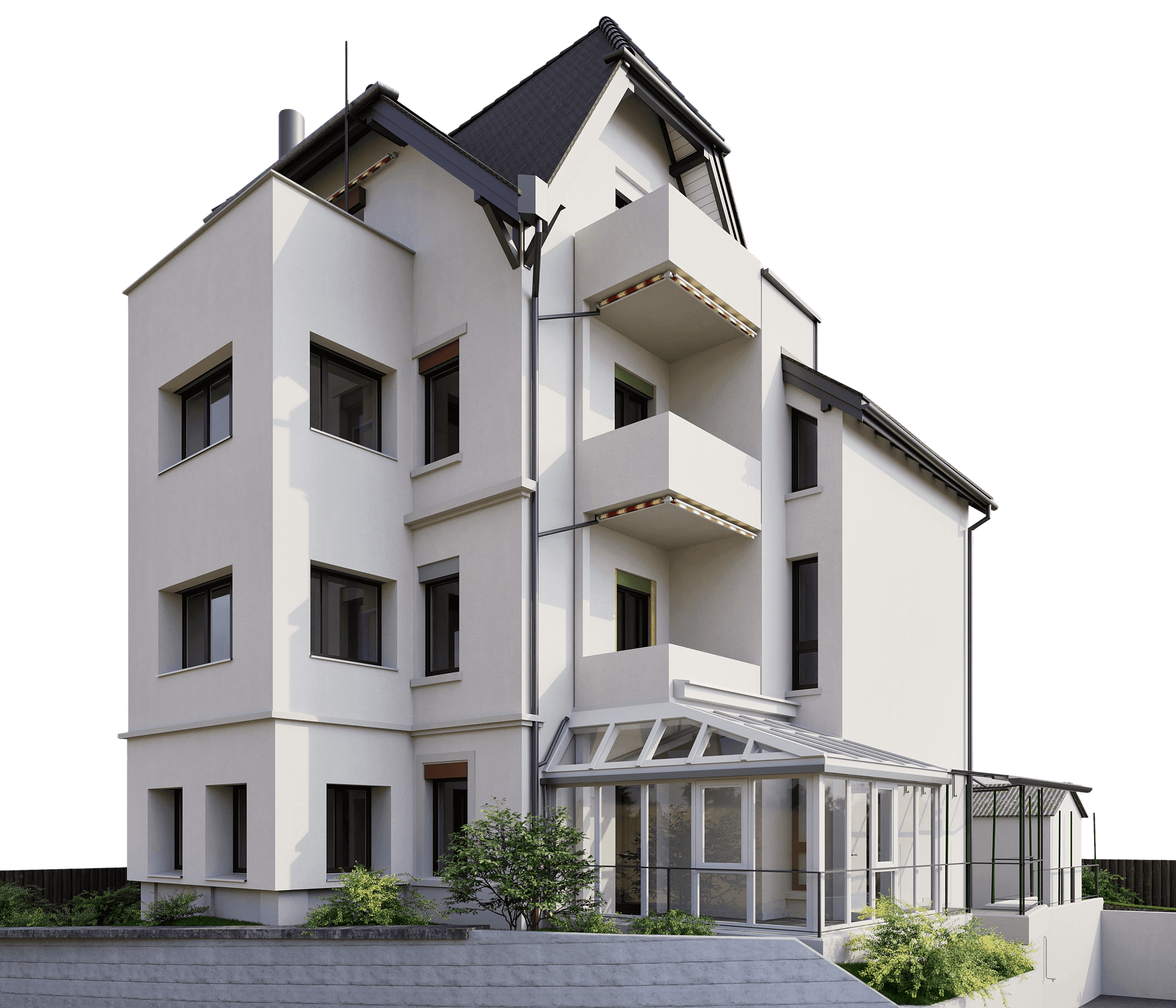 Ein modernes, dreistöckiges Wohnhaus mit mehreren Balkonen und einem verglasten Wintergarten, umgeben von gepflegtem grünen Garten.