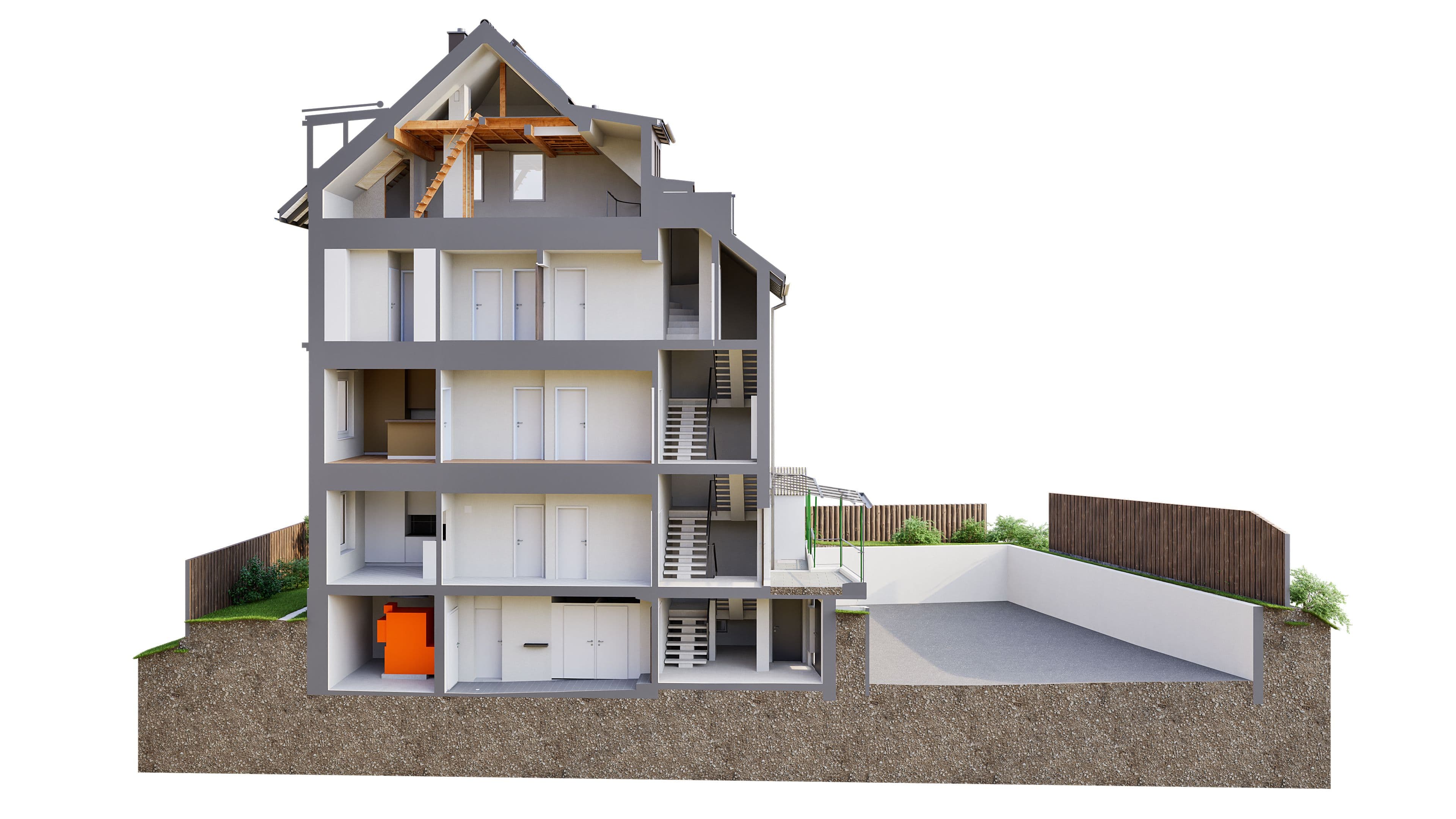 Mehrstöckiges Gebäude im Querschnitt, zeigt Innenräume und Strukturdetails, angelehnt an Hanglage.