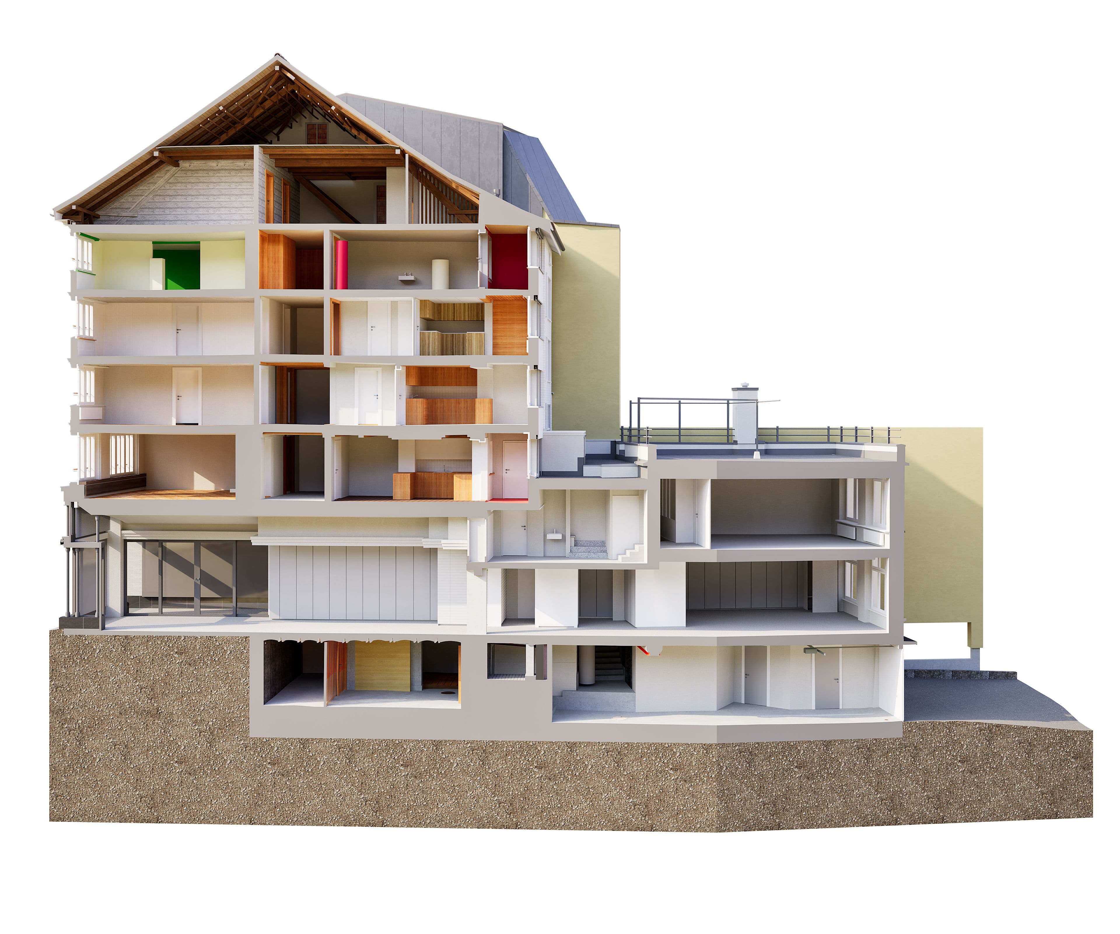 Querschnitt einer modernen Gebäudestruktur mit mehreren Etagen und detaillierter Innenansicht, einschließlich verschiedener Räume und architektonischer Elemente.