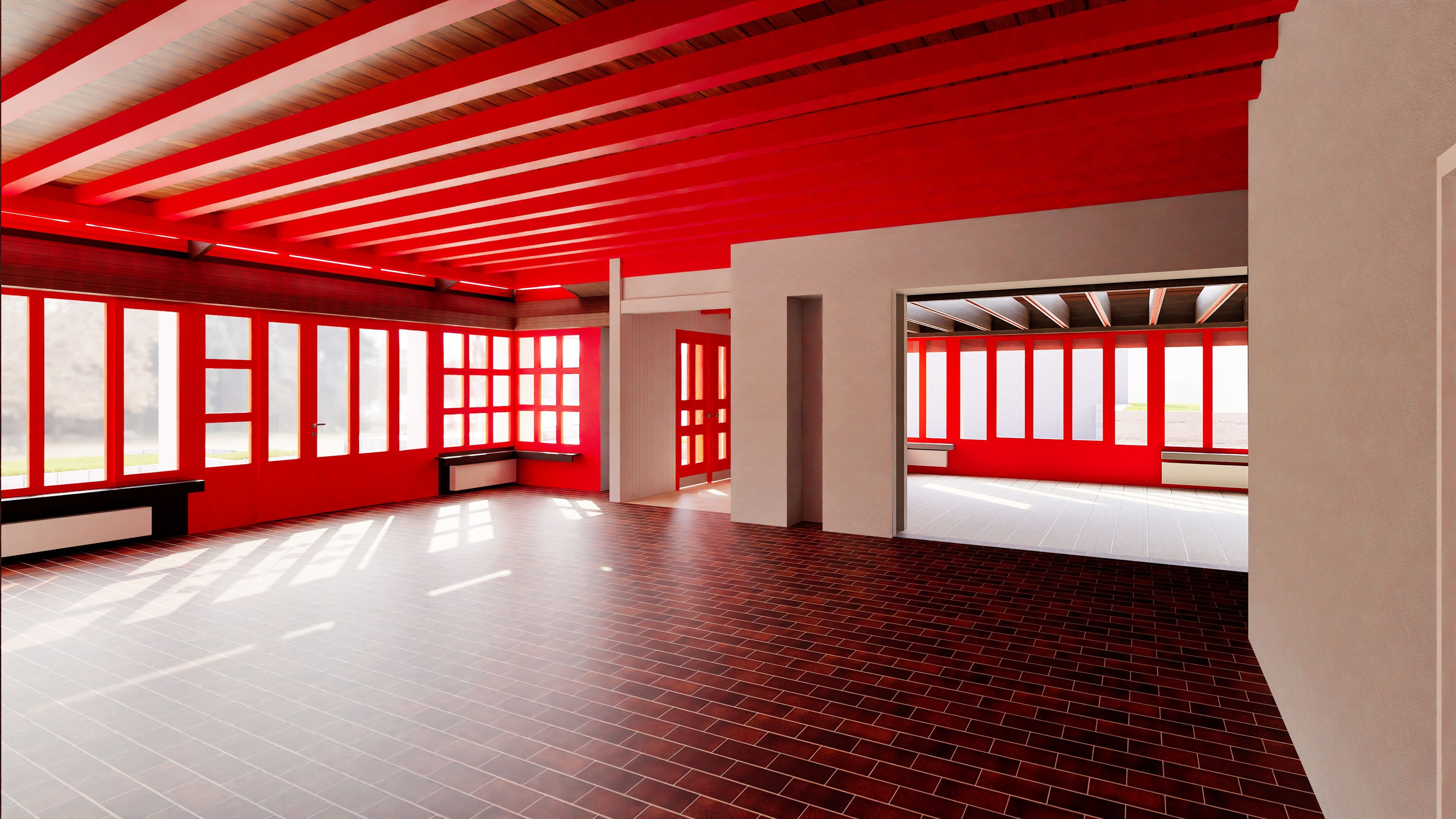 Modernes, lichtdurchflutetes Gebäude mit rotem Interieur und großen Fenstern.