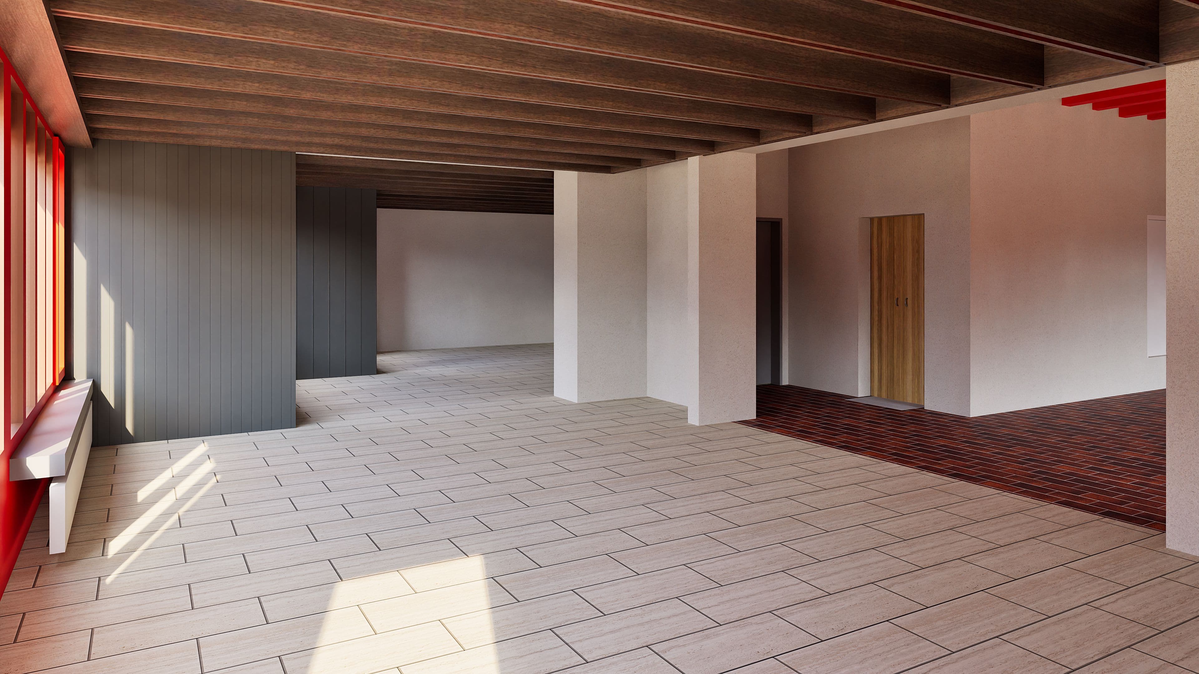 Eine leere Wohnung mit Holzbalkendecke, großen Fenstern und grauem gefliesten Boden, moderner Stil.