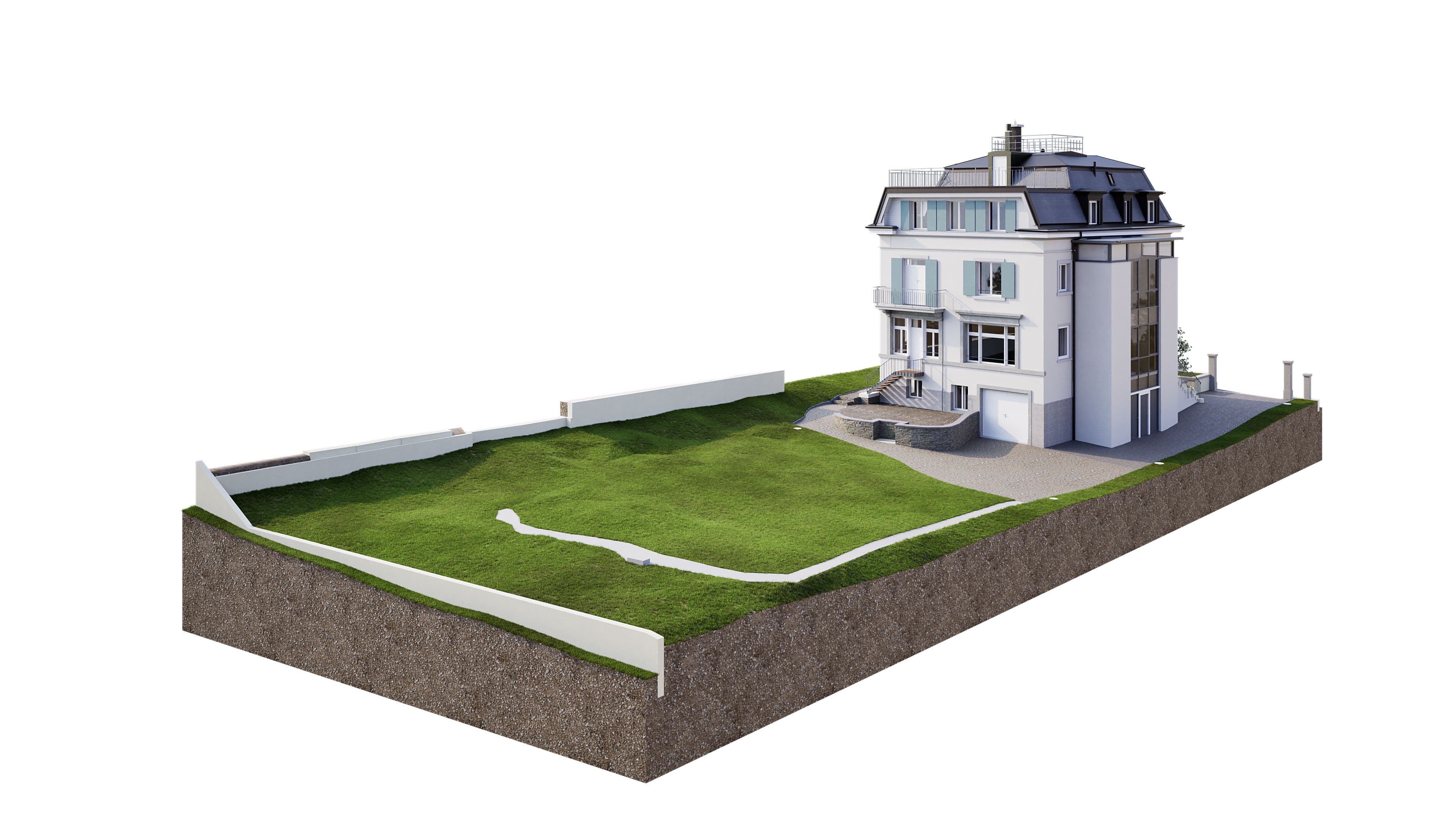 Ein modernes, mehrstöckiges Haus mit Garten auf einem erhöhten Grundstück.