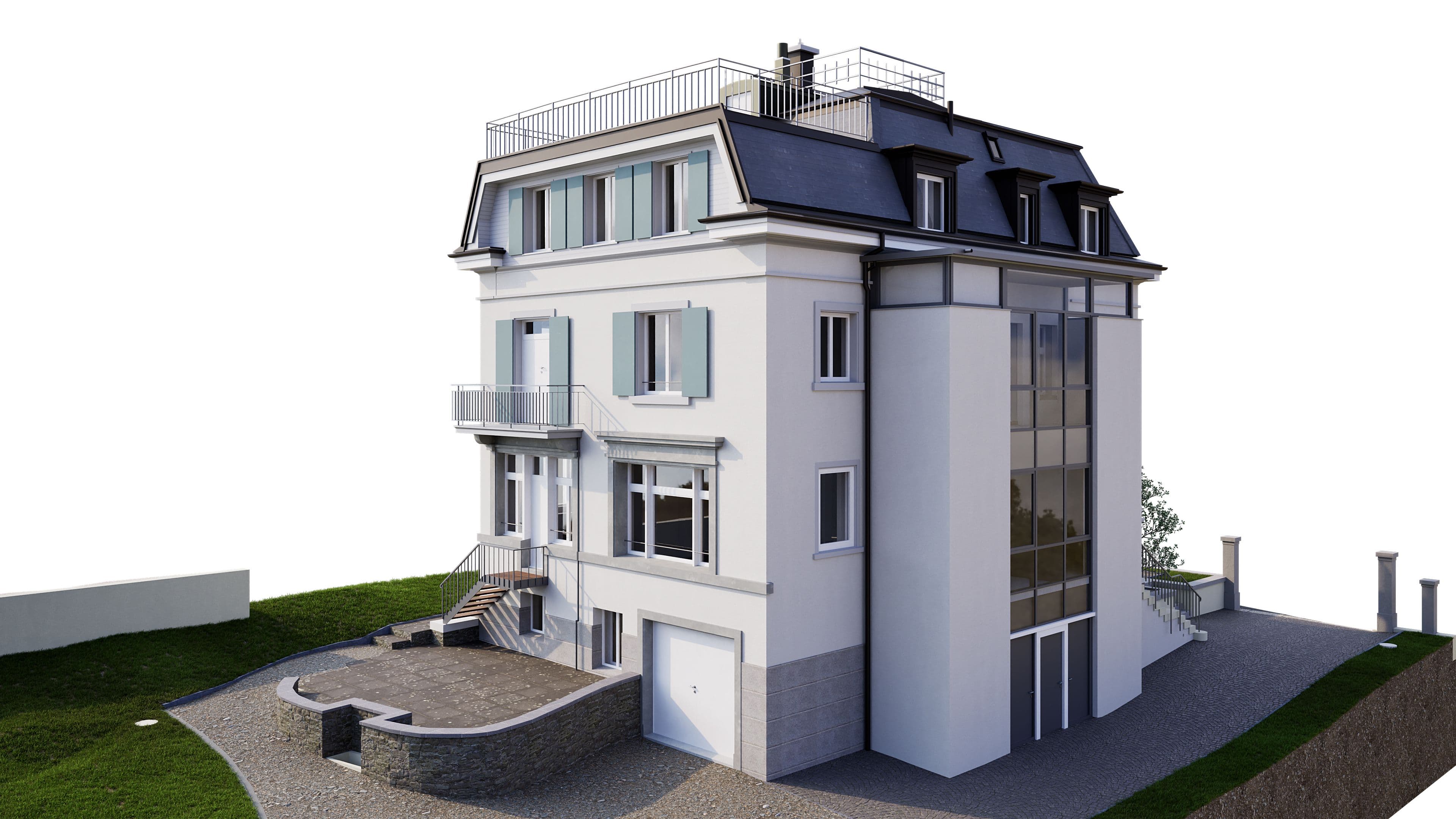 Ein modernes dreistöckiges Gebäude mit Dachterrasse und großen Fenstern, umgeben von einer gepflegten Rasenfläche.