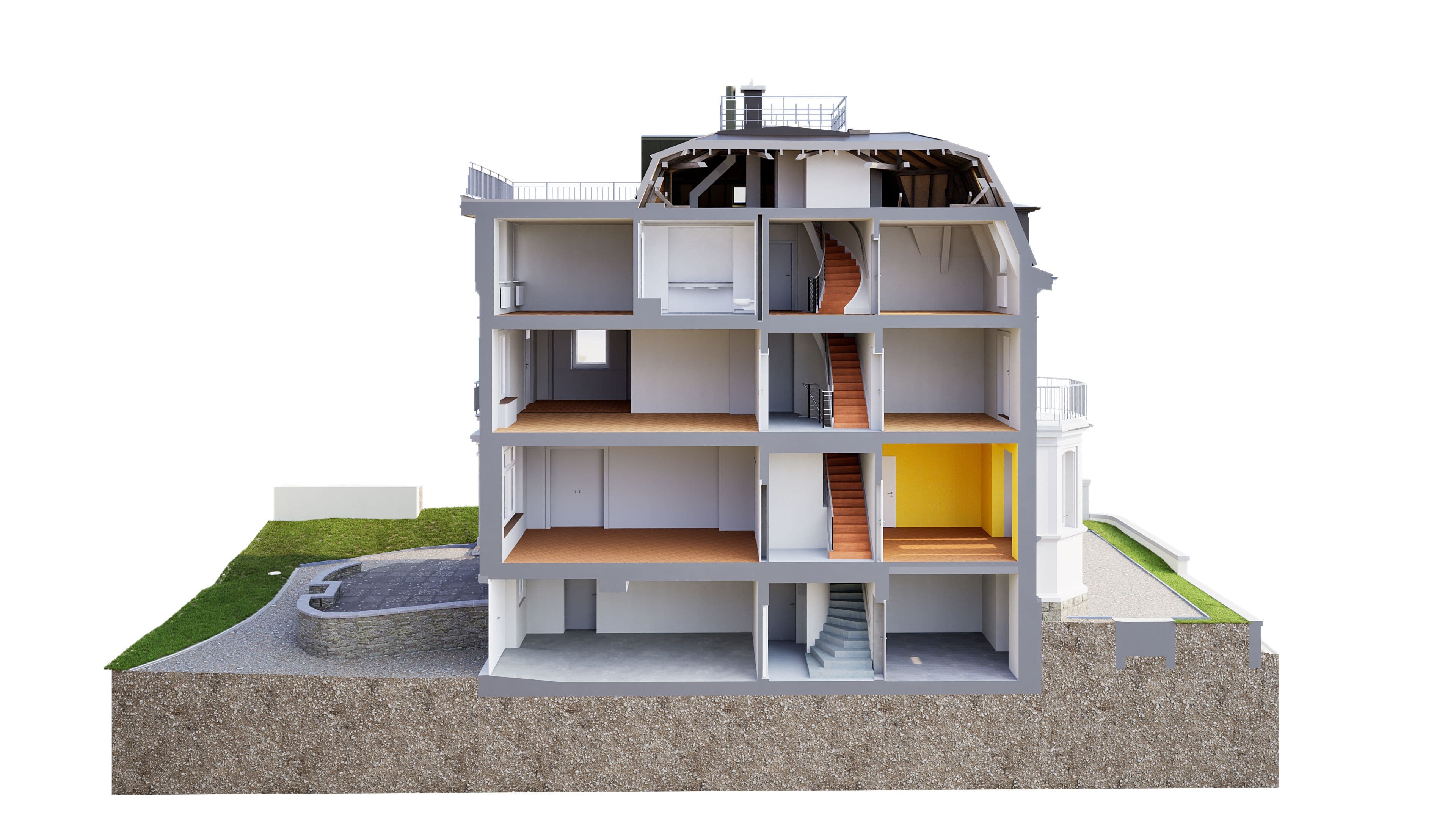 Querschnitt eines modernen vierstöckigen Gebäudes mit sichtbarer Treppe und Innenräumen, umgeben von Landschaft.