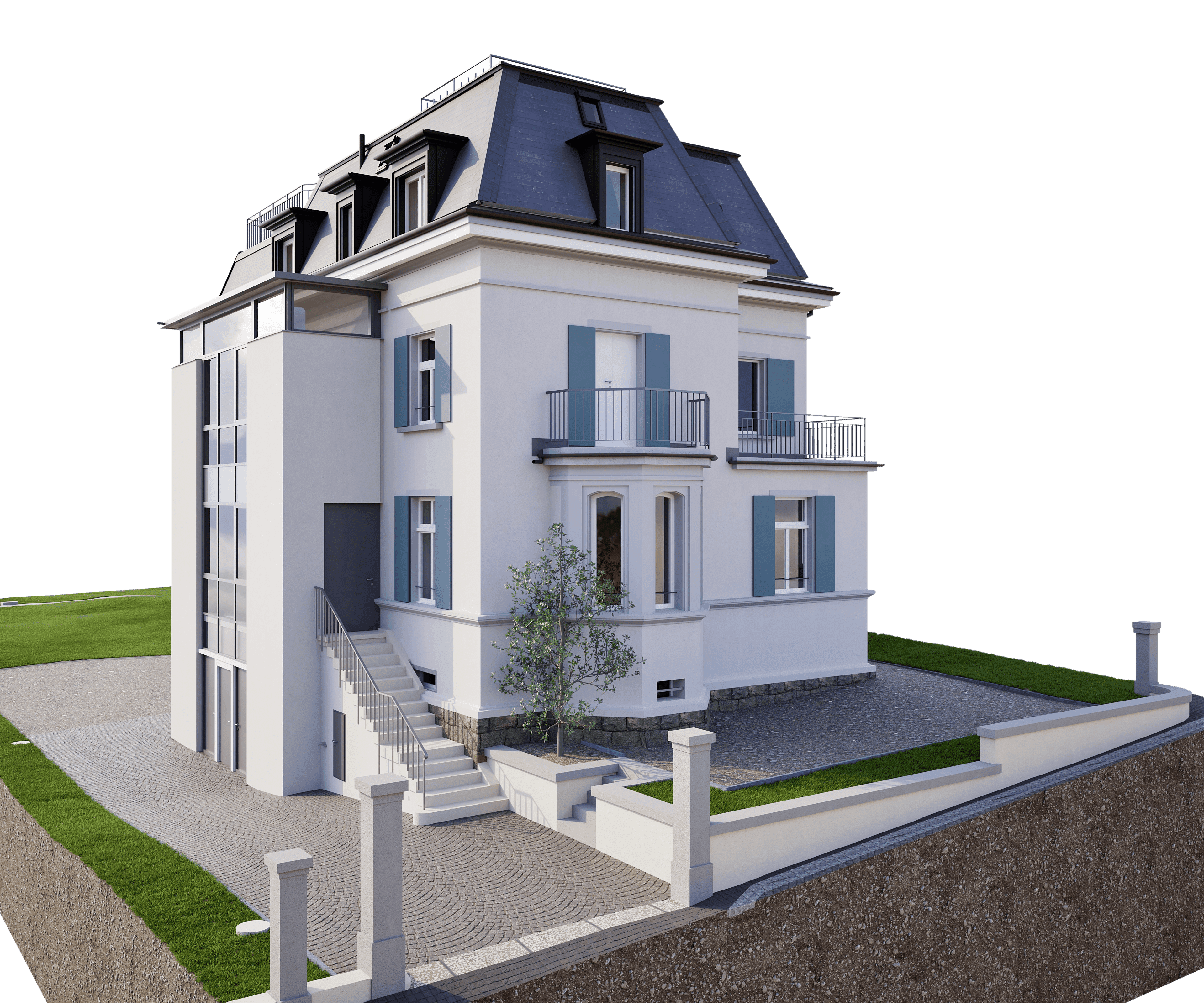 Die Abbildung zeigt ein modernes, dreistöckiges Einfamilienhaus mit weißer Fassade, Erkerfenstern und einem Mansardendach, umgeben von einer eleganten Auffahrt und gepflegtem Rasen.