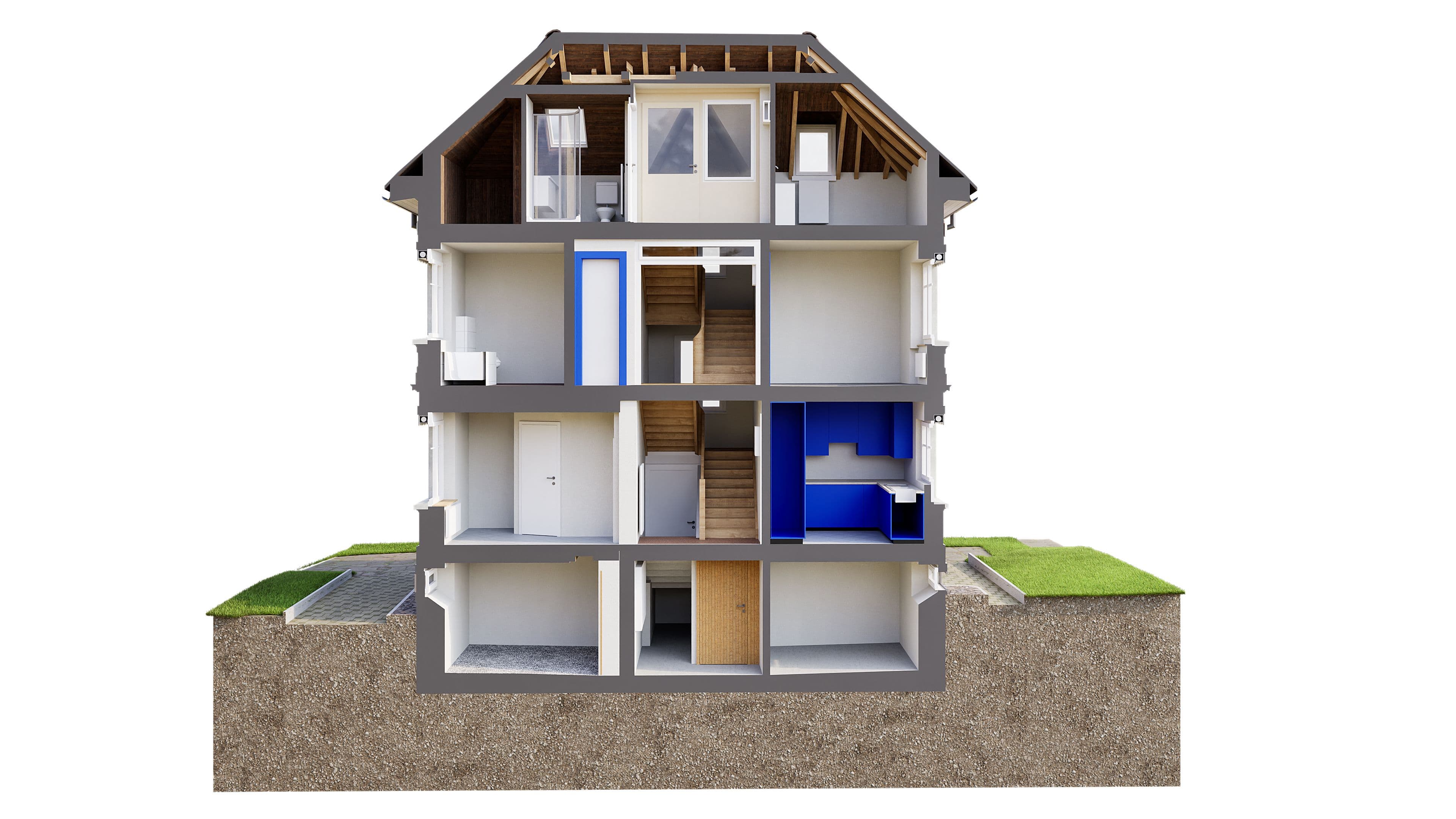 Ein Querschnitt eines dreistöckigen Hauses zeigt Zimmer und Architekturdetails.