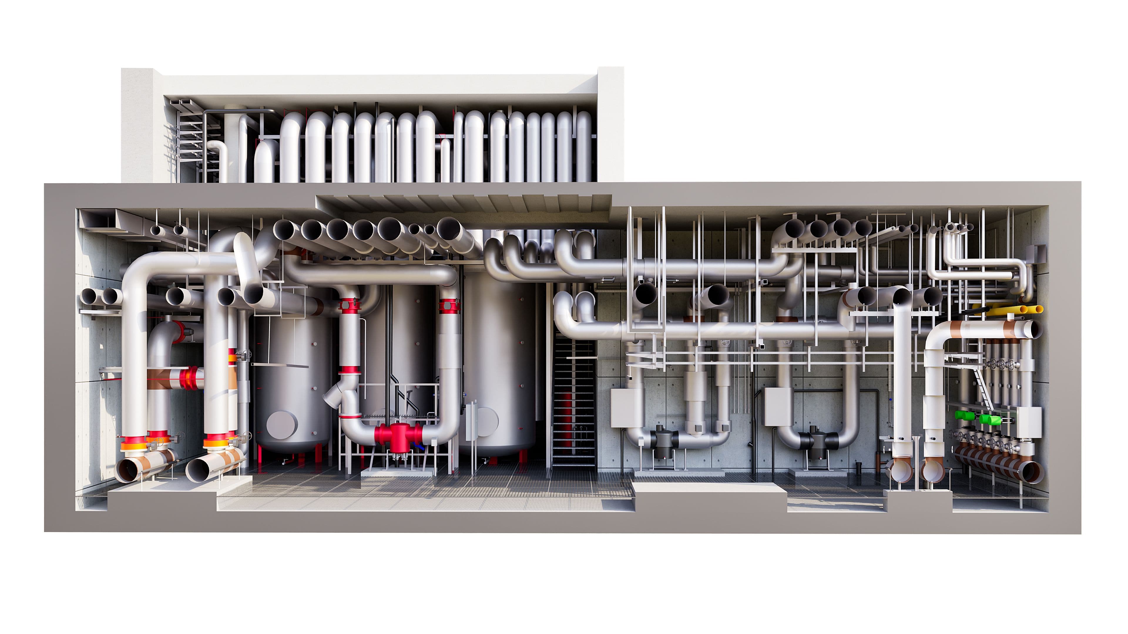 Gebäudemodell mit komplexem Rohrsystem und Kesselanlage in 3D-Querschnitt.