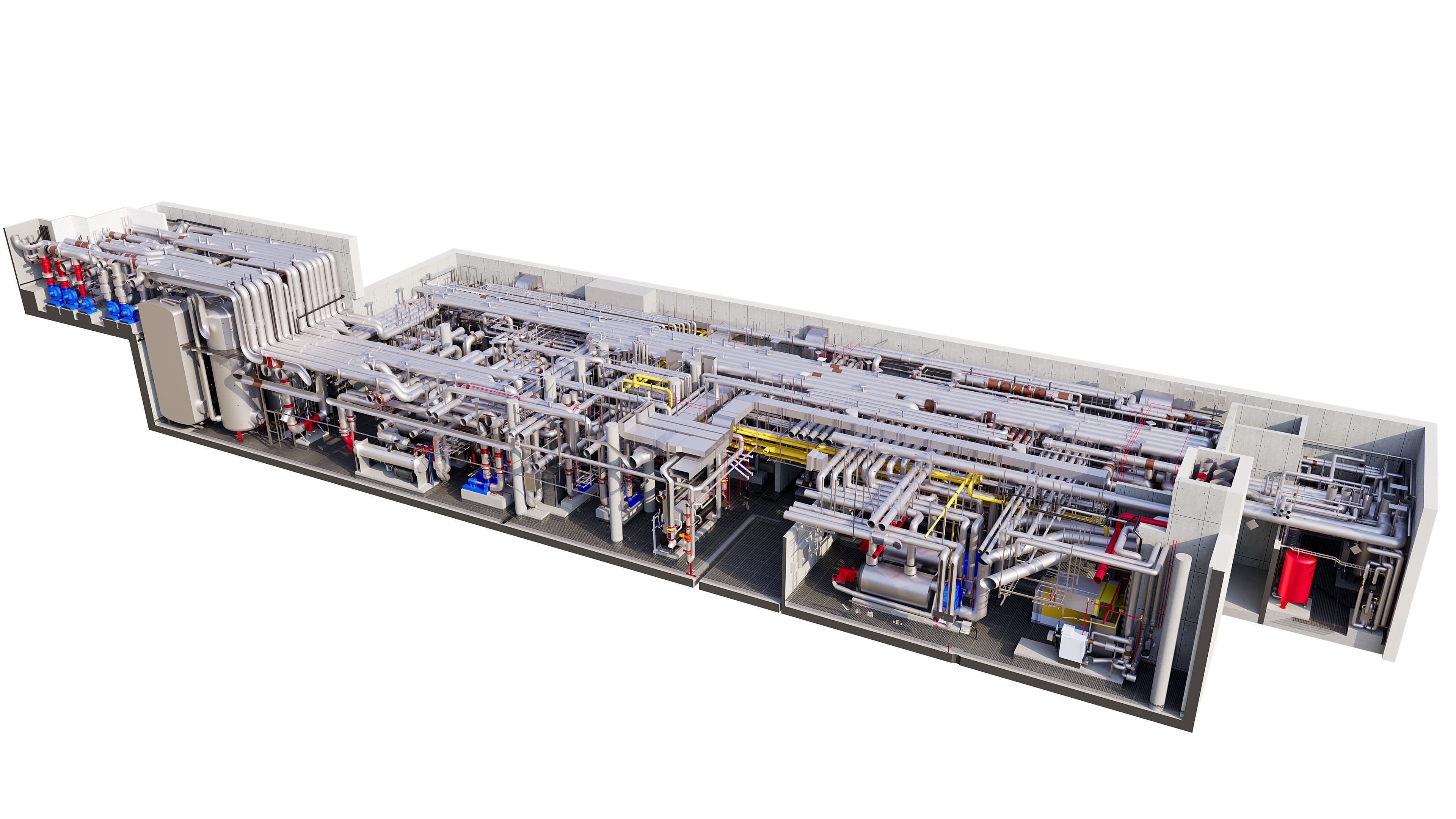 Industrielle Prozessanlage mit komplexem Rohrleitungsnetz und Maschinen zur Steuerung technischer Abläufe.