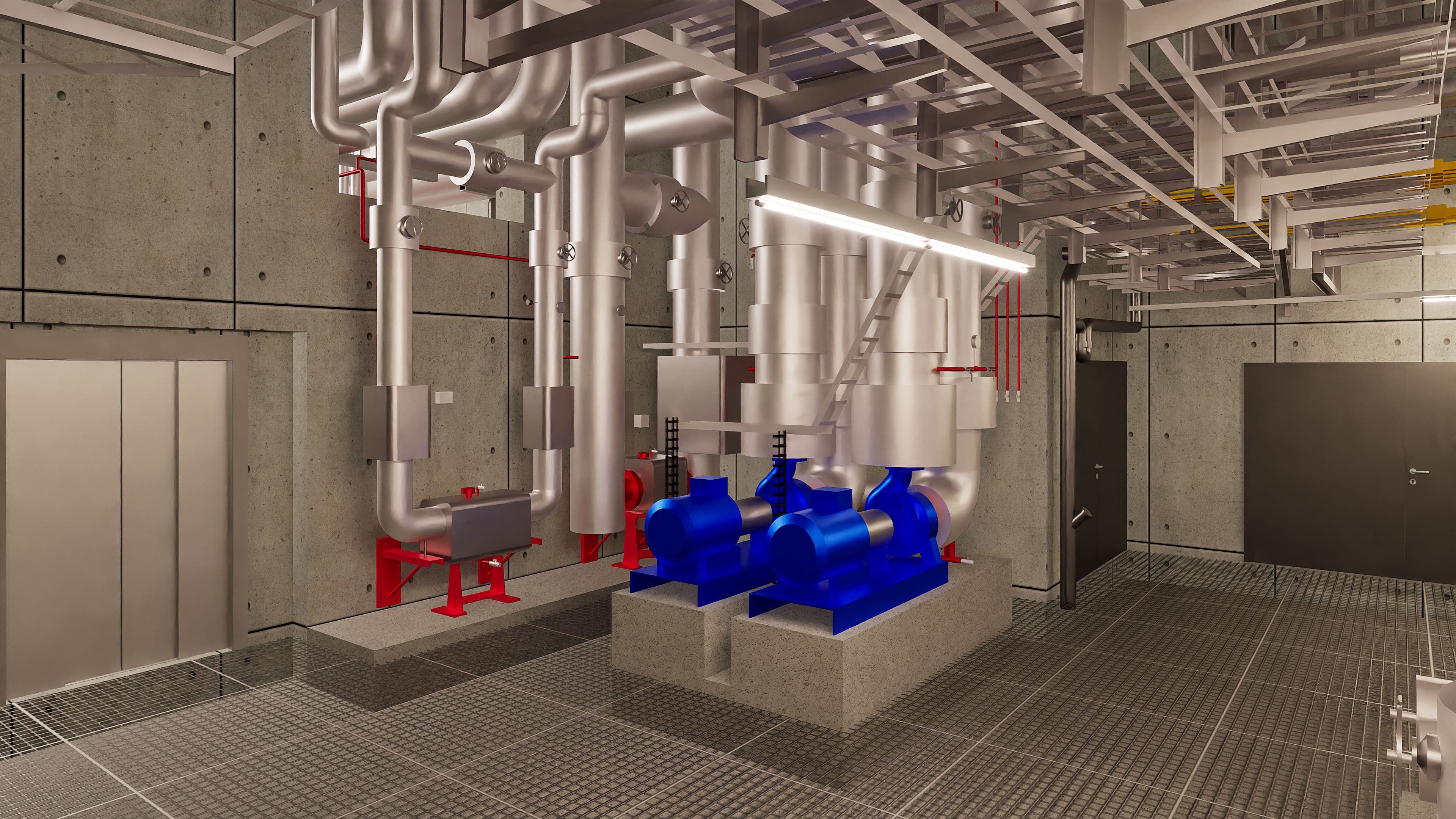 Industrieller Maschinenraum mit großen blauen Maschinen, Metallrohren und modernen Anlagen.