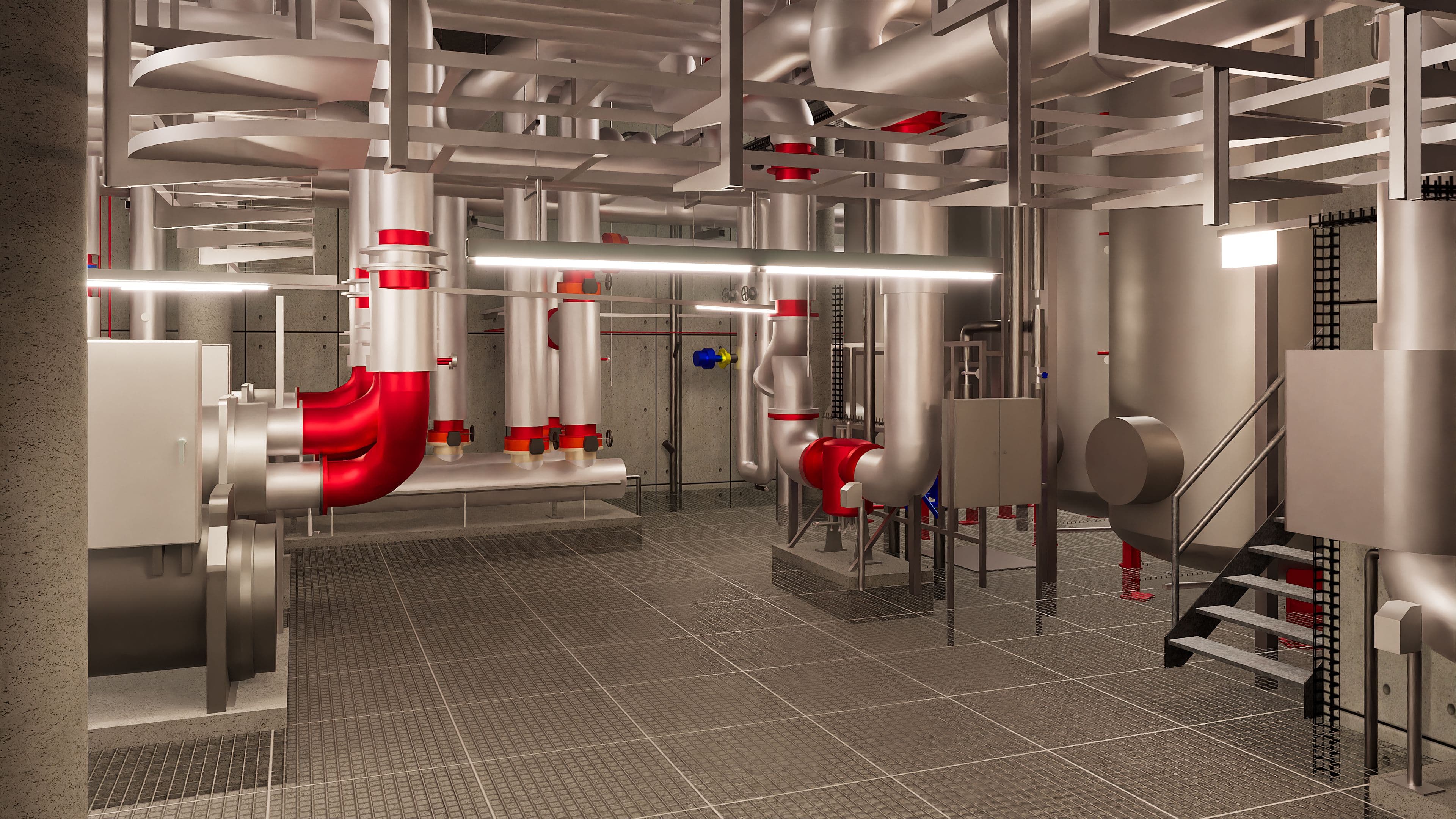 Industrieller Maschinenraum mit komplexem Rohrsystem und roten Rohren.