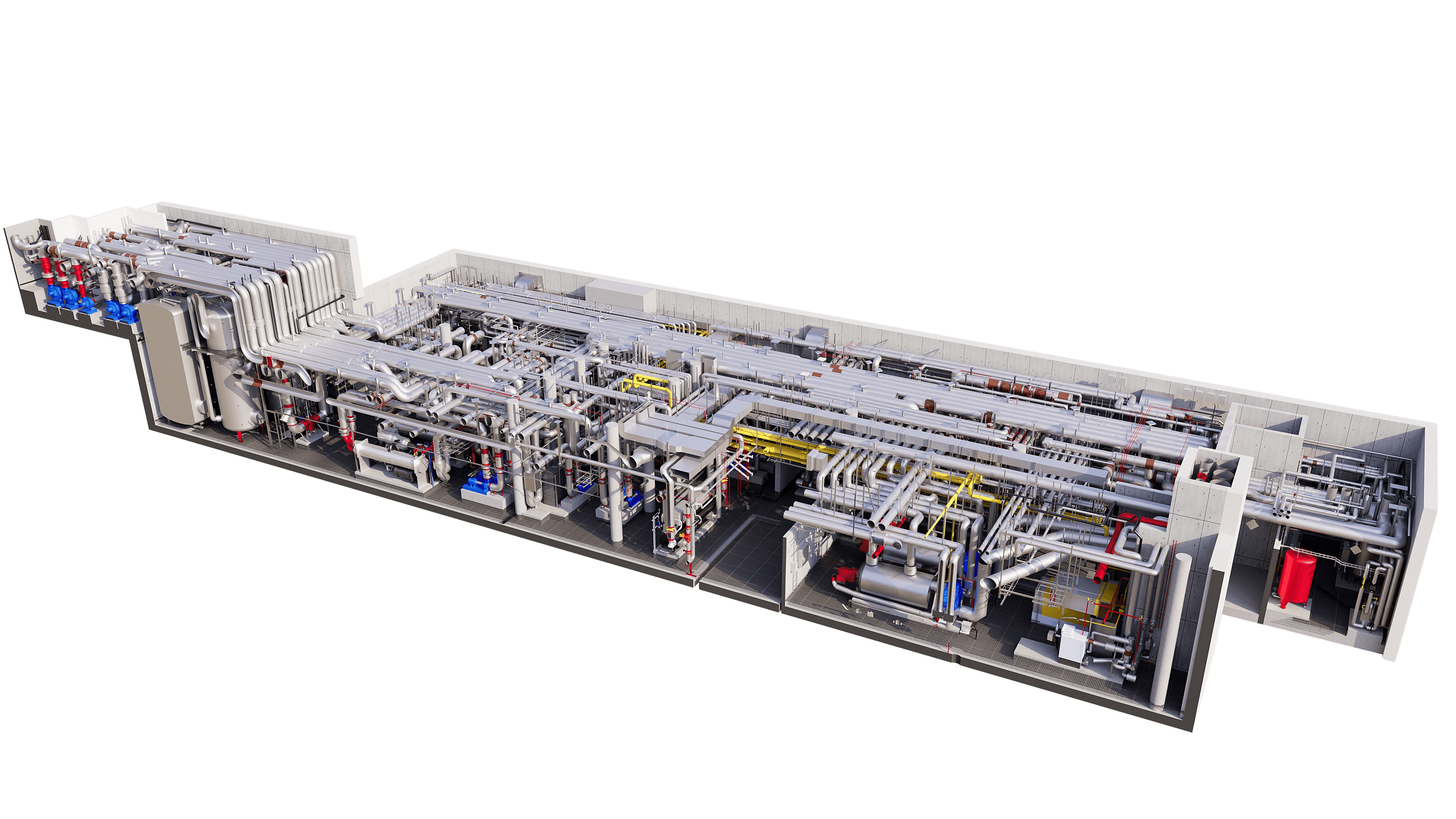 Industrielle Anlage mit komplexem Rohrsystem und Maschinen, dargestellt in einer schematischen Darstellung.