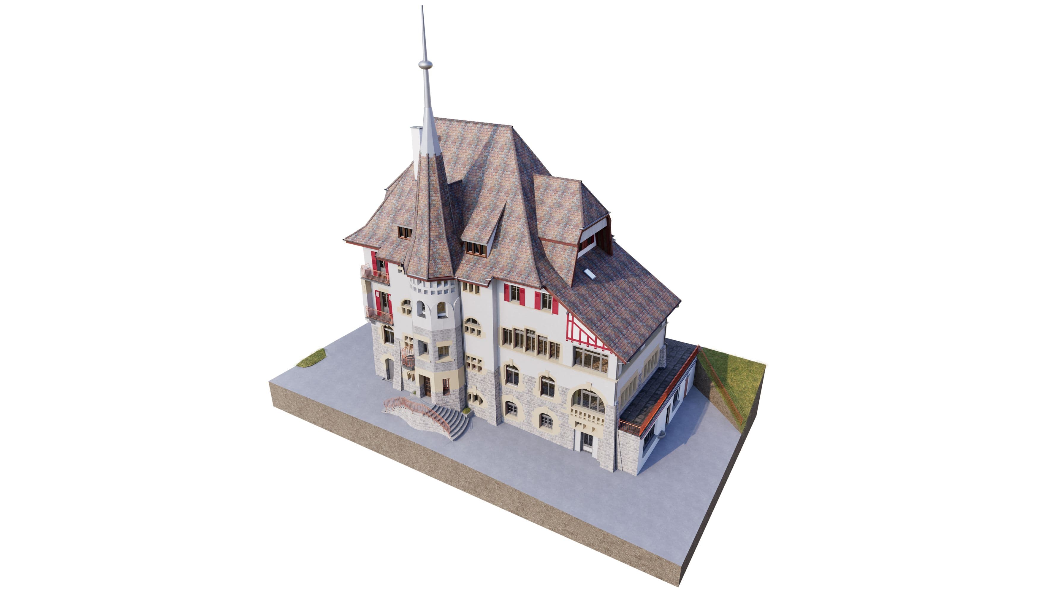 3D-Bestandsmodell eines denkmalgeschützten Gebäudes in der Schweiz, erstellt aus präziser Gebäudevermessung mittels 3D-Laserscanning durch VDE