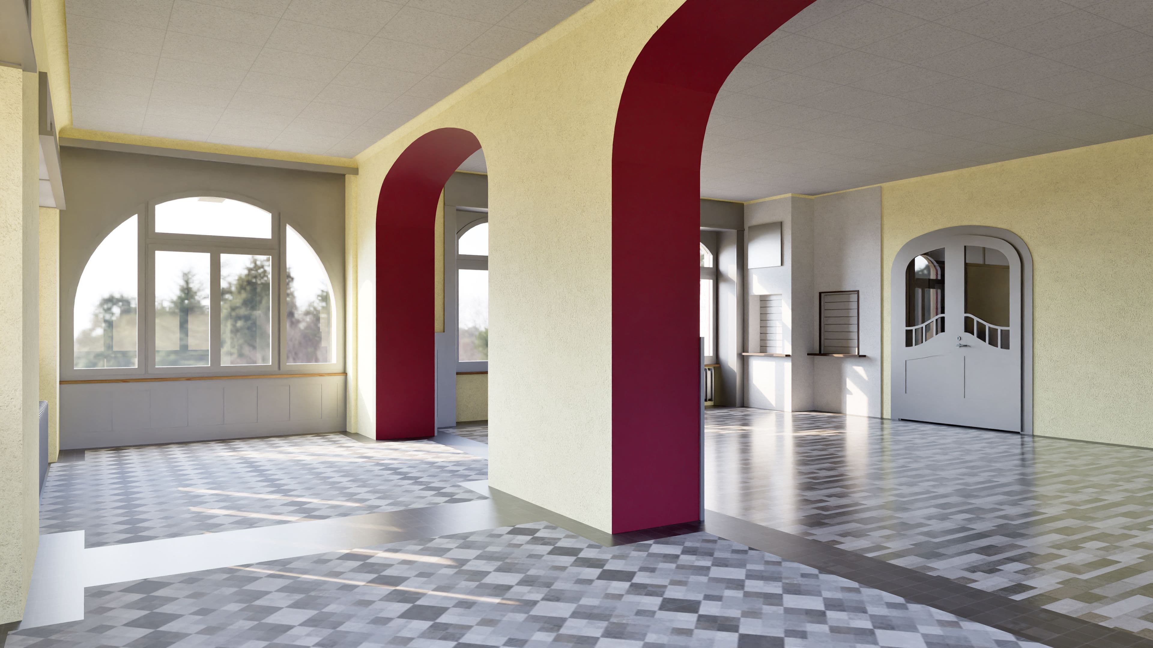 Ein leerer Raum im Bauhausstil mit großen Fenstern, roten Säulen und gemustertem Boden.